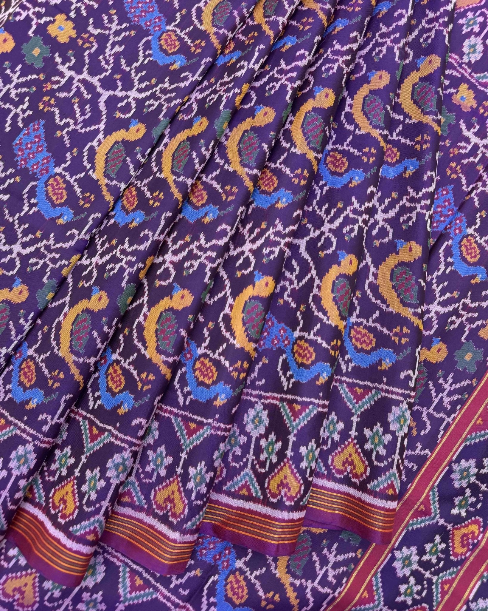 Purple Fancy Peacock Parrot Semi Double Ikat Patola Saree - SindhoiPatolaArt