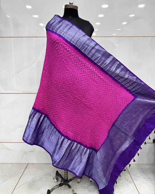 Purple & Pink Kanchipuram Bandhani Dupatta - SindhoiPatolaArt