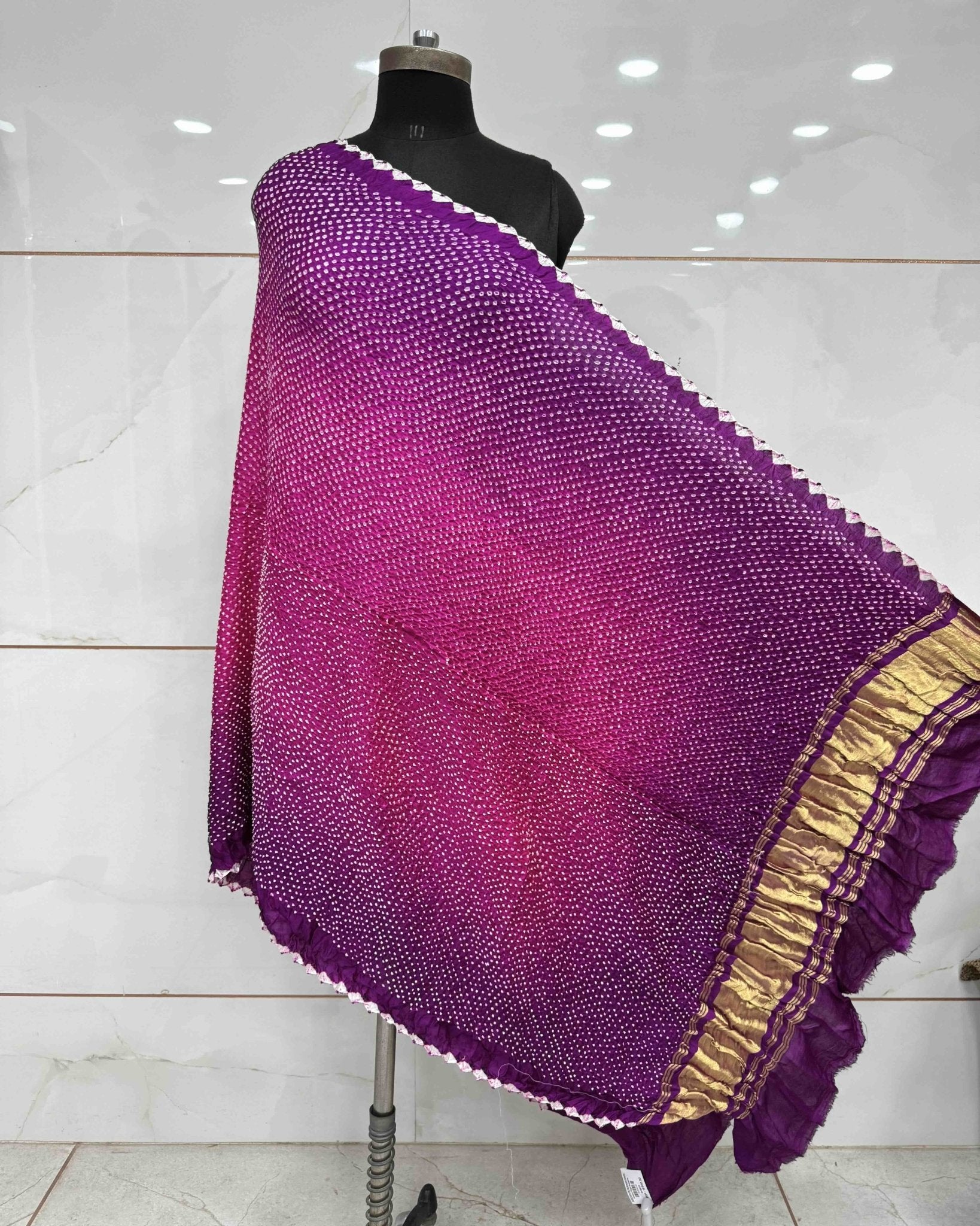 Purple & Pink Shaded Gajji Silk Bandhani Dupatta - SindhoiPatolaArt