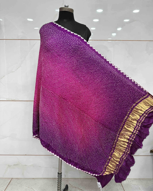 Purple & Pink Shaded Gajji Silk Bandhani Dupatta - SindhoiPatolaArt