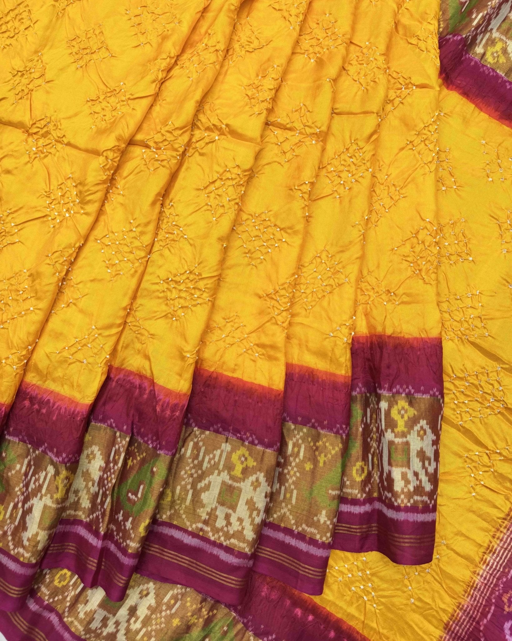 Purplish Pink & Yellow Bandhani Patola Saree - SindhoiPatolaArt