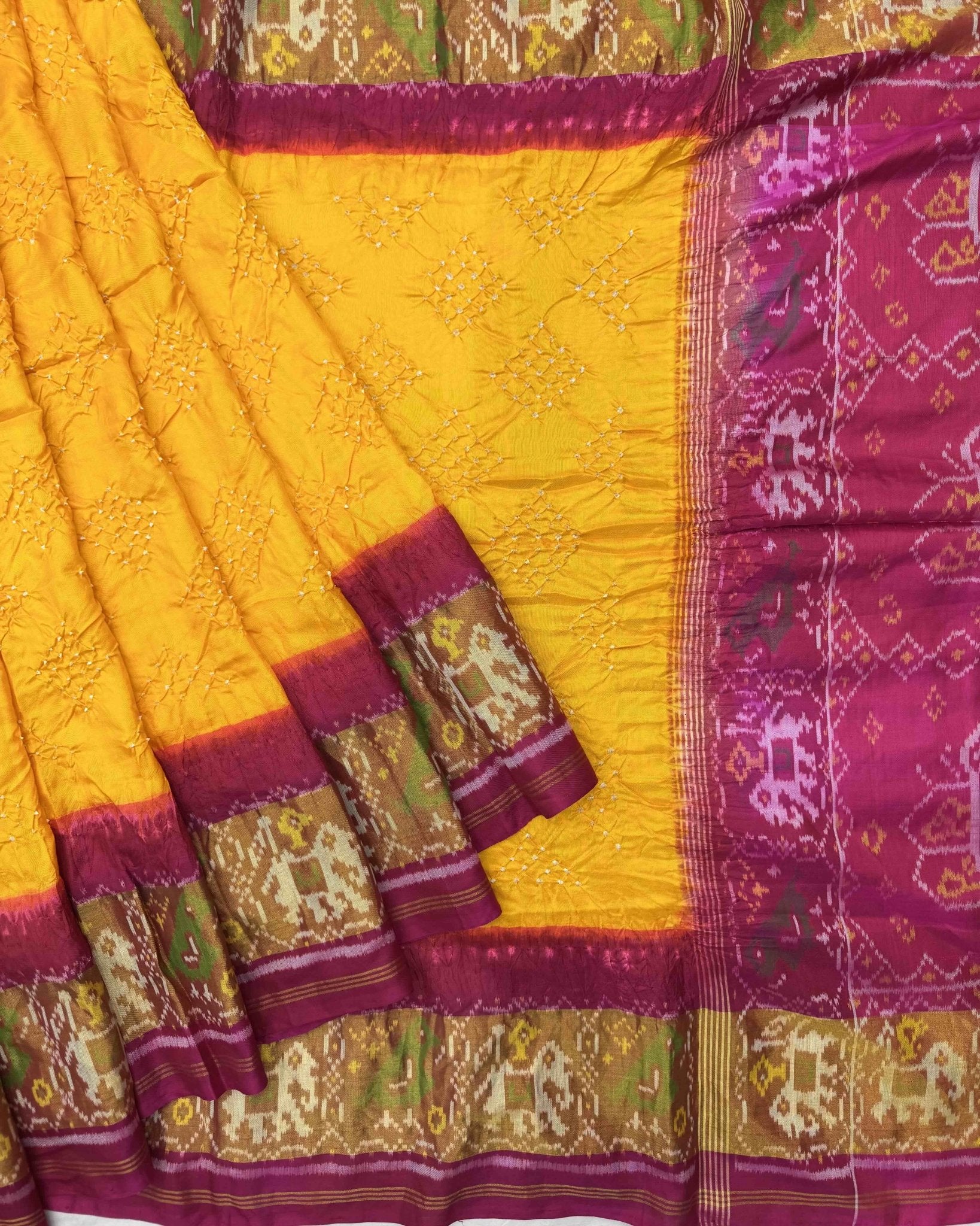 Purplish Pink & Yellow Bandhani Patola Saree - SindhoiPatolaArt