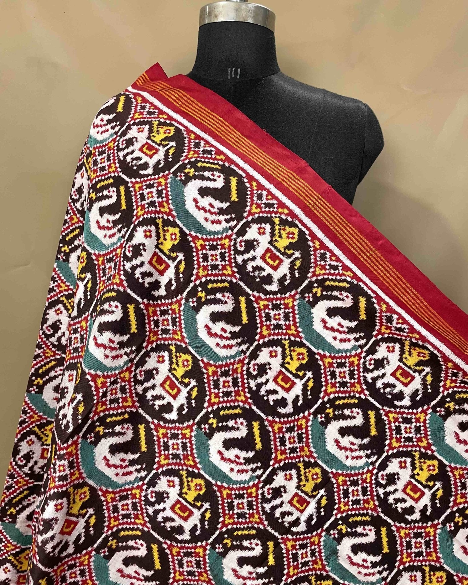 Red & Black Circle Elephant Swan Designer Patola Dupatta - SindhoiPatolaArt