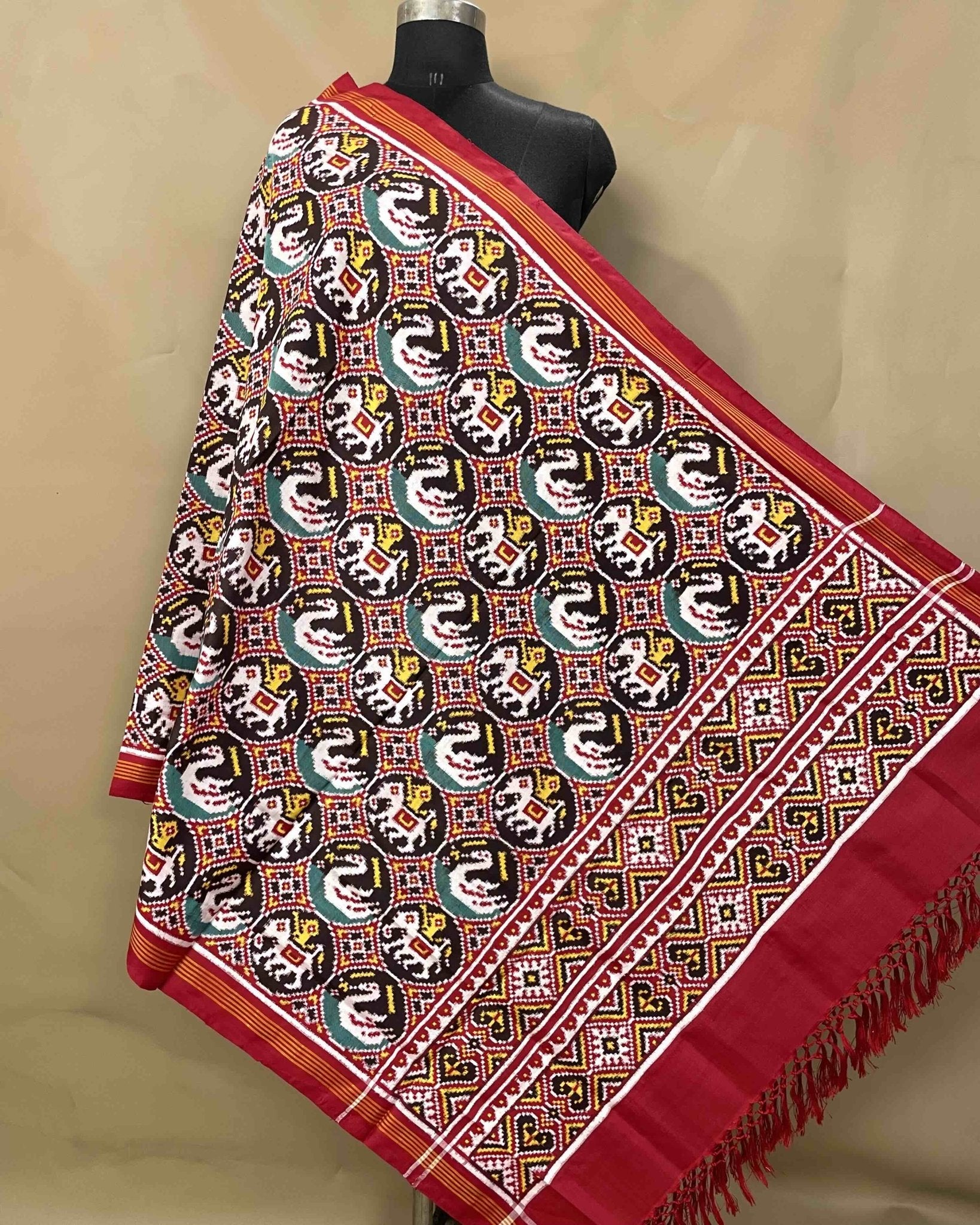 Red & Black Circle Elephant Swan Designer Patola Dupatta - SindhoiPatolaArt