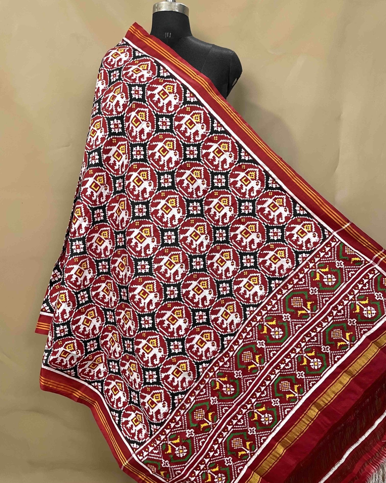 Red & Black Elephant Designer Patola Dupatta - SindhoiPatolaArt