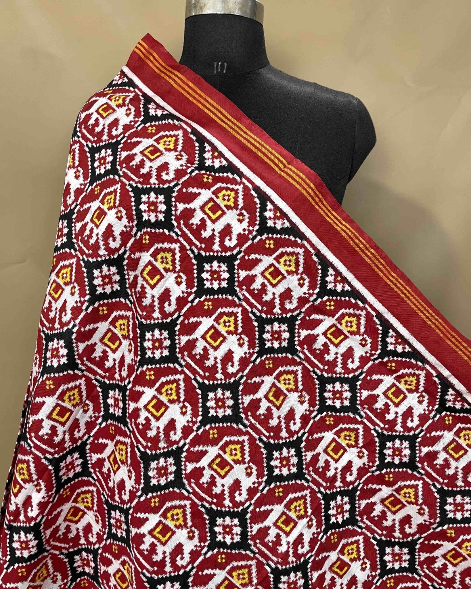 Red & Black Elephant Designer Patola Dupatta - SindhoiPatolaArt