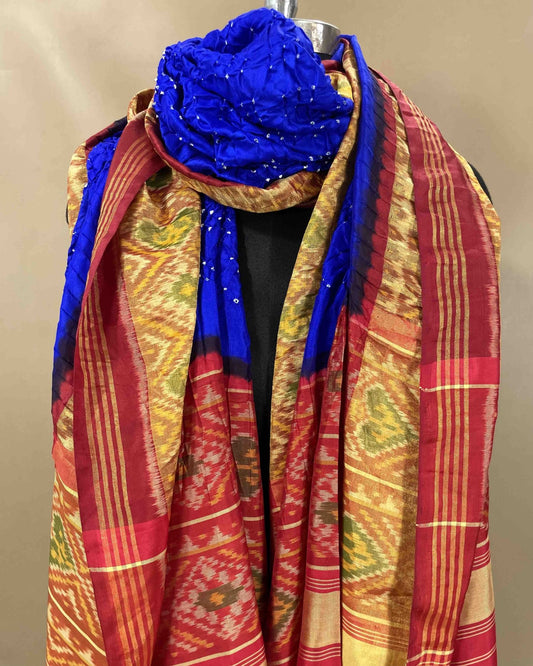 Red & Blue Bandhani Patola Dupatta - SindhoiPatolaArt