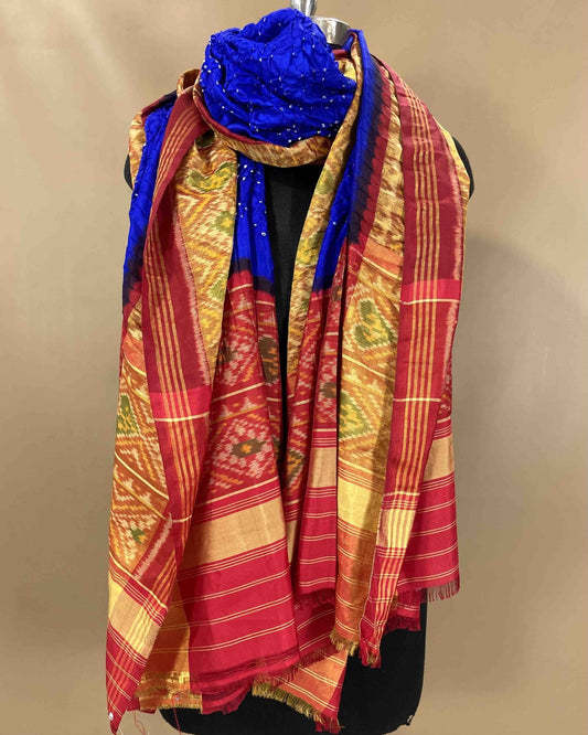 Red & Blue Bandhani Patola Dupatta - SindhoiPatolaArt