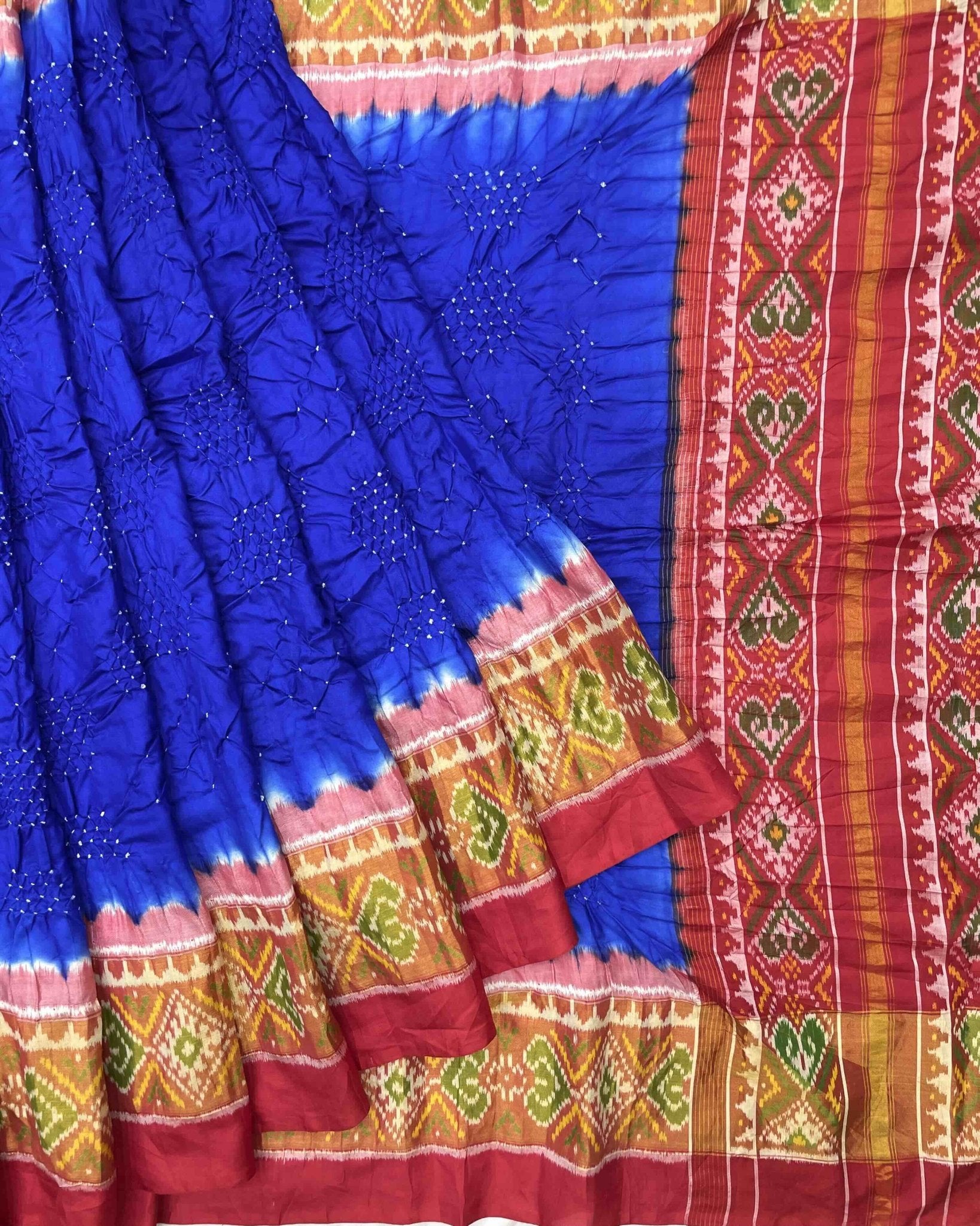 Red & Blue Bandhani Patola Saree - SindhoiPatolaArt