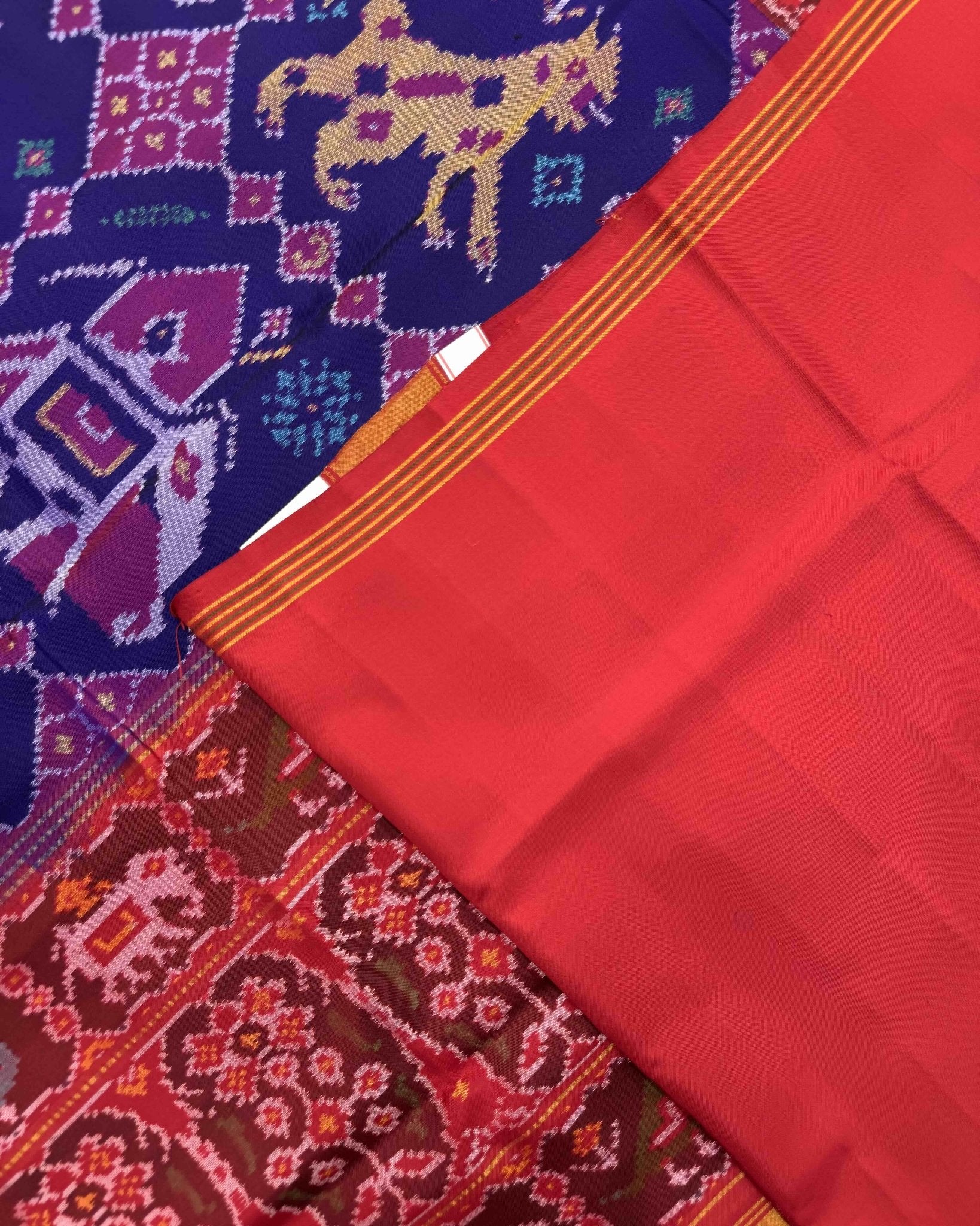 Red & Blue Big Figure Narikunj Semi Double Ikat Patola Saree - SindhoiPatolaArt
