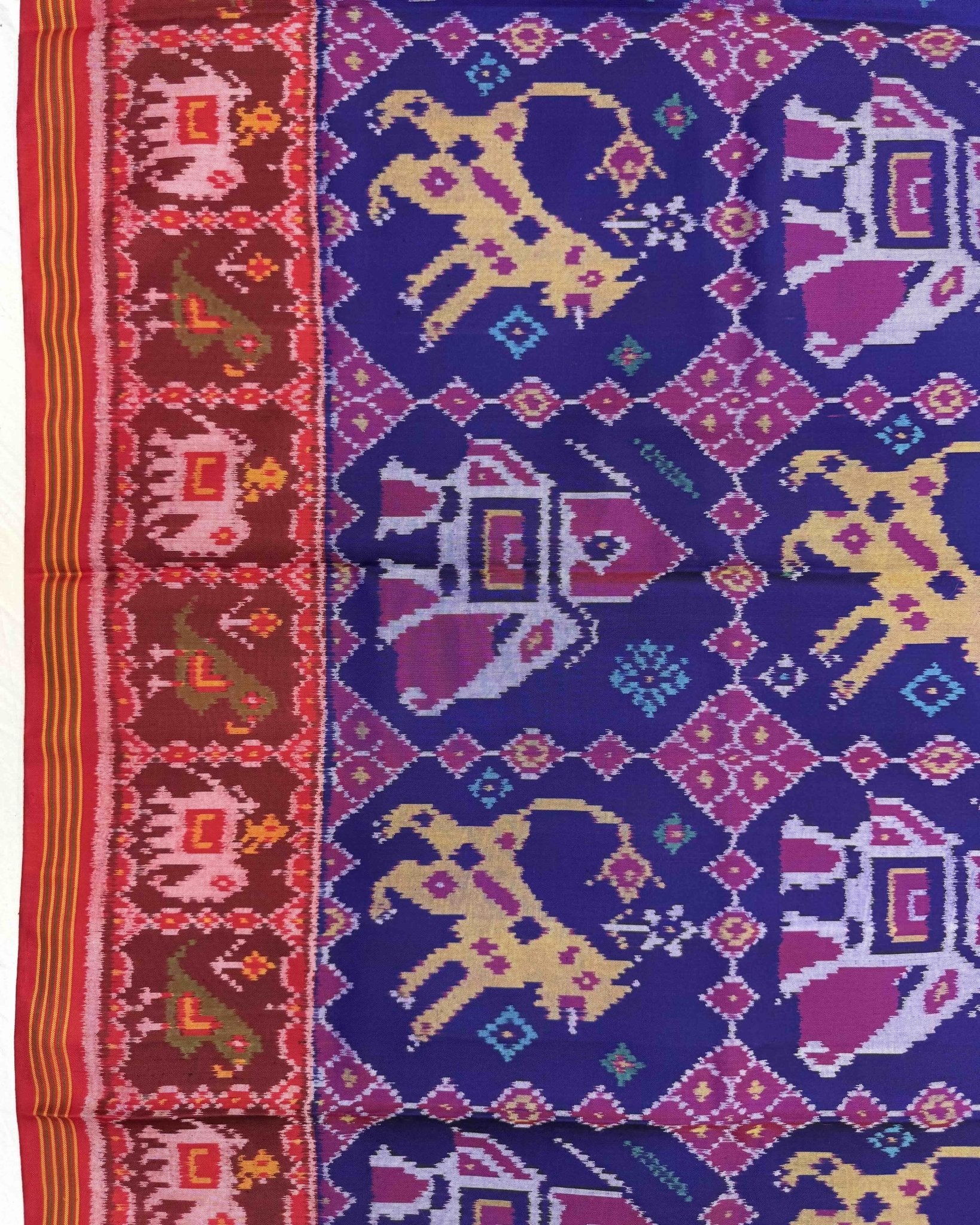 Red & Blue Big Figure Narikunj Semi Double Ikat Patola Saree - SindhoiPatolaArt
