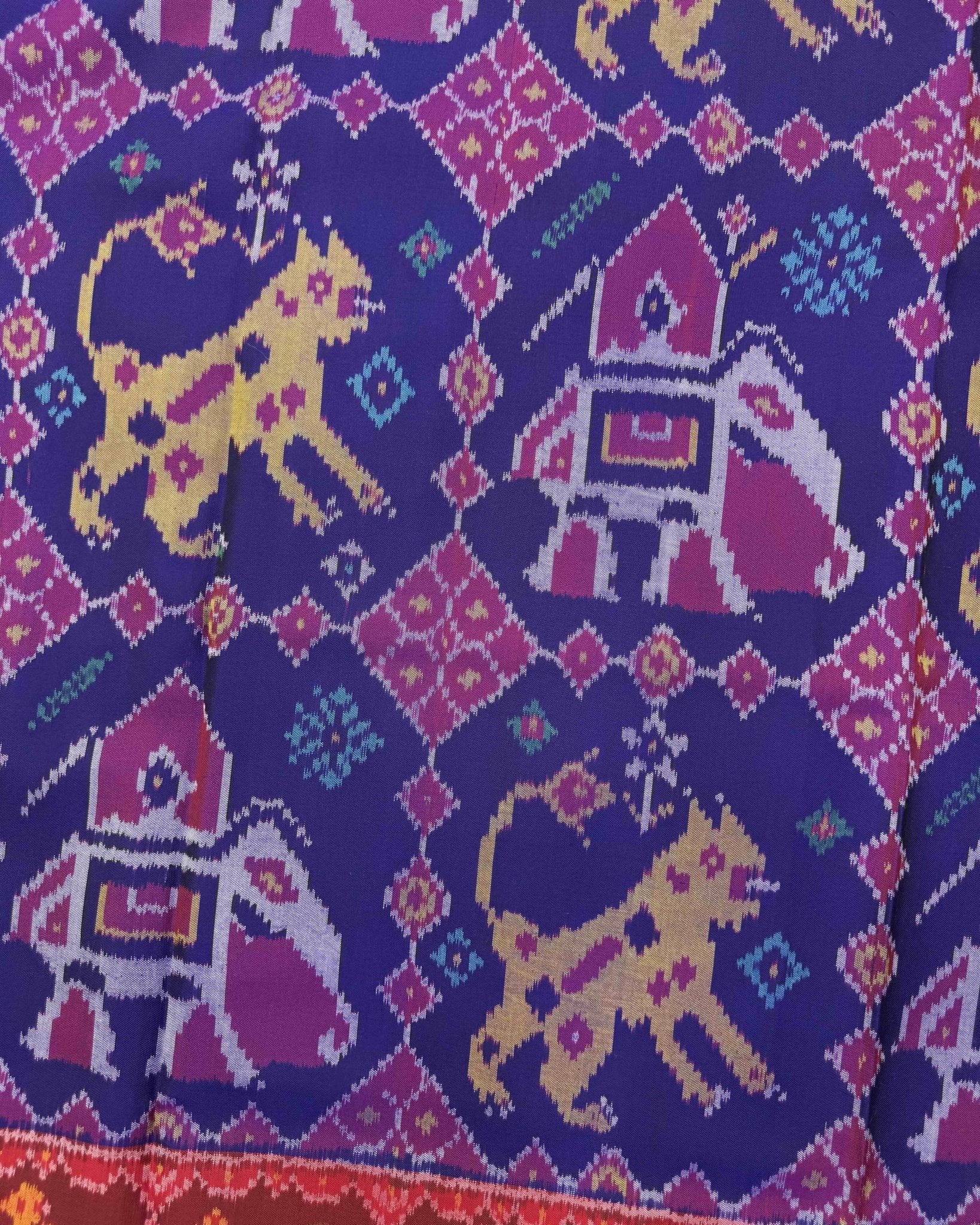 Red & Blue Big Figure Narikunj Semi Double Ikat Patola Saree - SindhoiPatolaArt