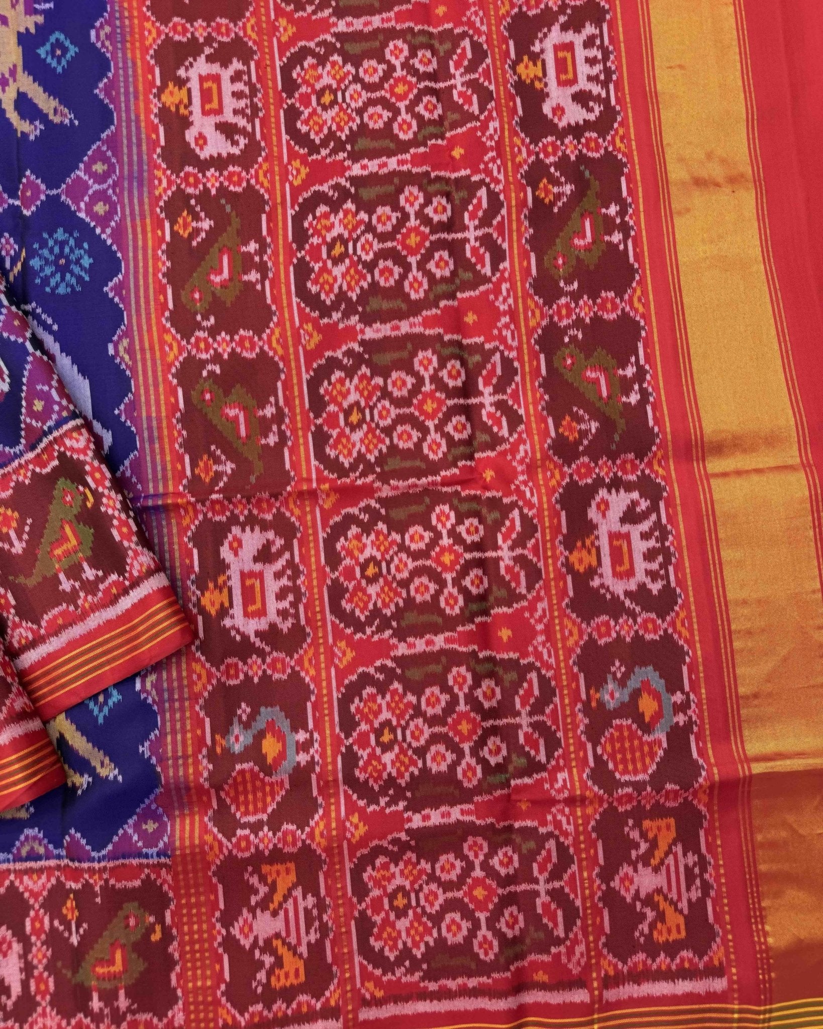 Red & Blue Big Figure Narikunj Semi Double Ikat Patola Saree - SindhoiPatolaArt