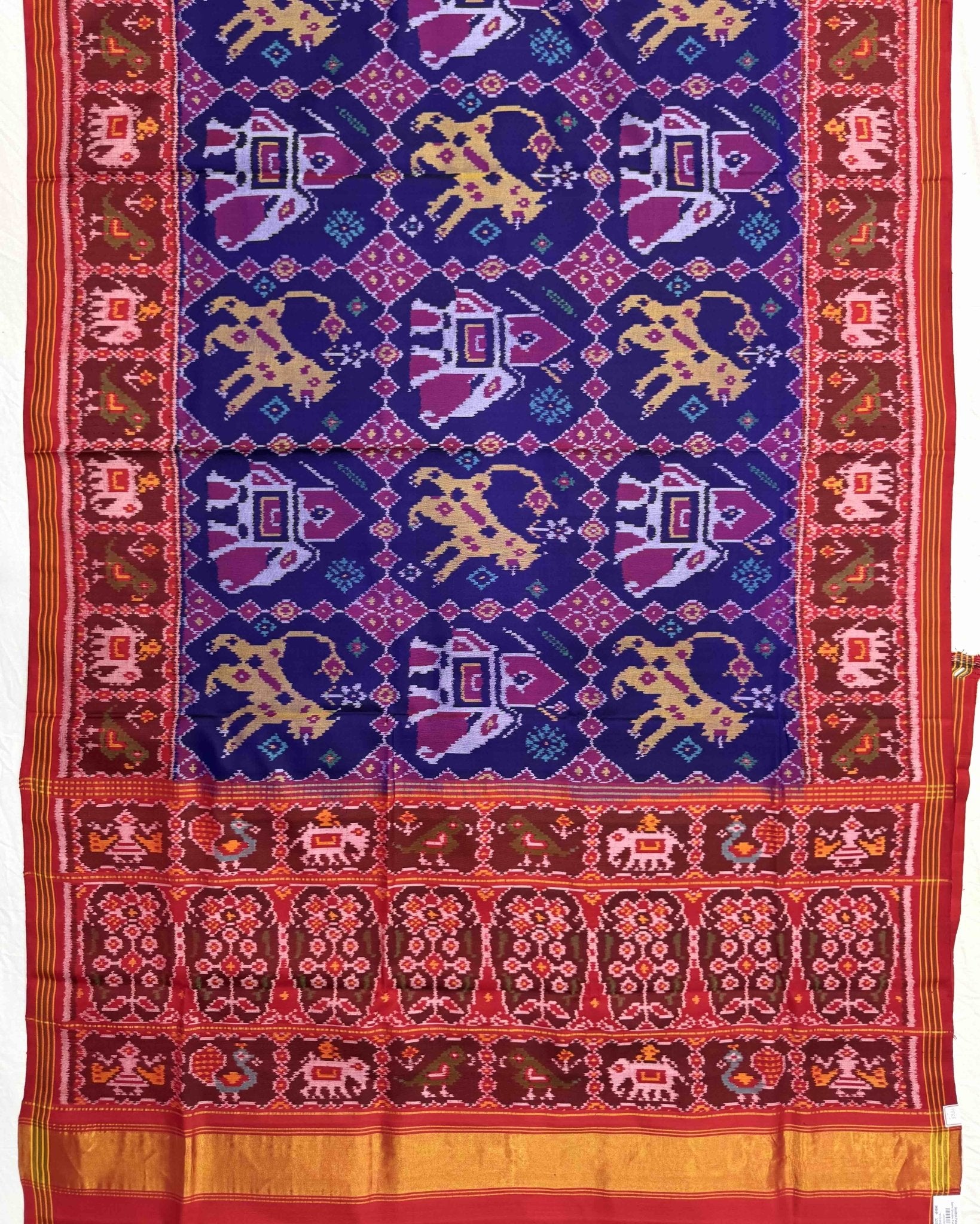Red & Blue Big Figure Narikunj Semi Double Ikat Patola Saree - SindhoiPatolaArt