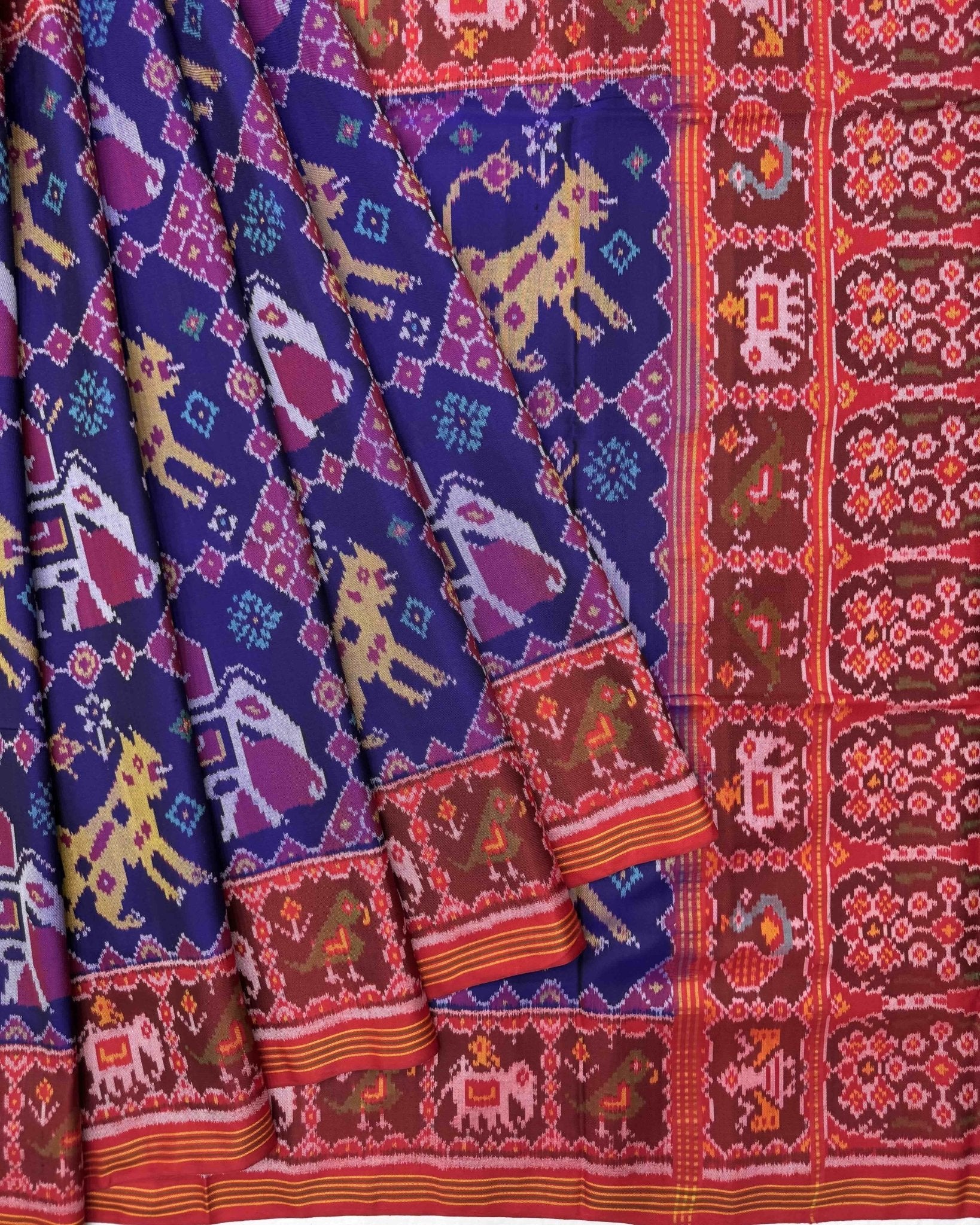 Red & Blue Big Figure Narikunj Semi Double Ikat Patola Saree - SindhoiPatolaArt