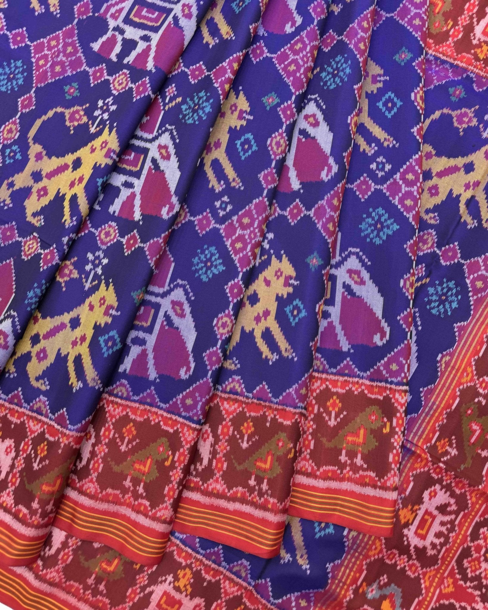 Red & Blue Big Figure Narikunj Semi Double Ikat Patola Saree - SindhoiPatolaArt