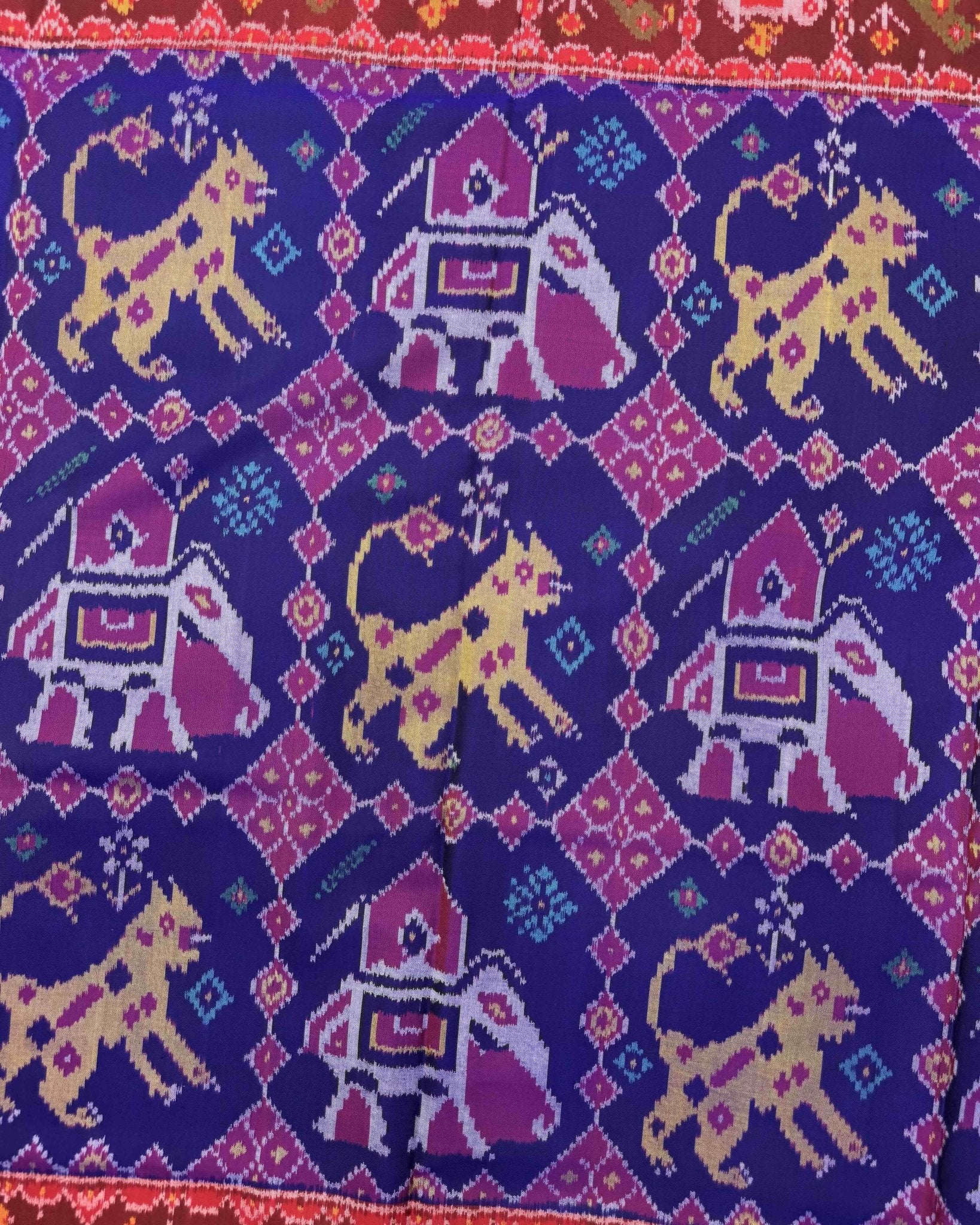 Red & Blue Big Figure Narikunj Semi Double Ikat Patola Saree - SindhoiPatolaArt