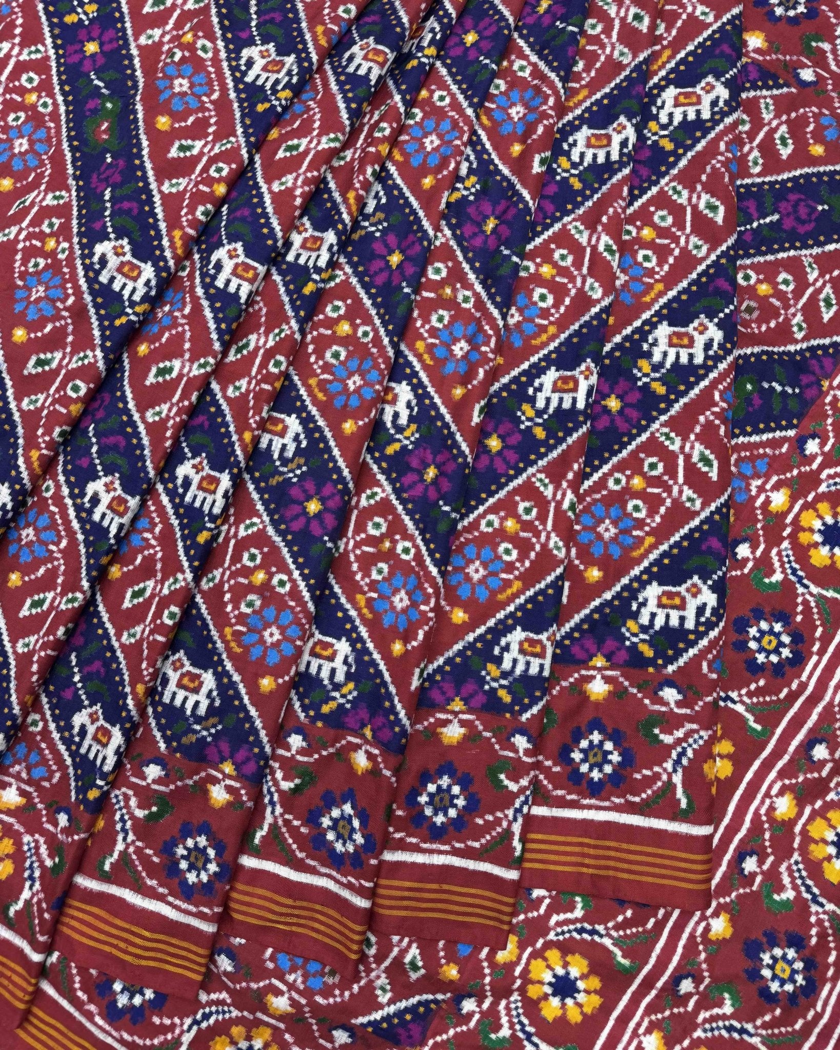 Red & Blue Leheriya Flower Narikunj Double Ikat Patola Saree - SindhoiPatolaArt