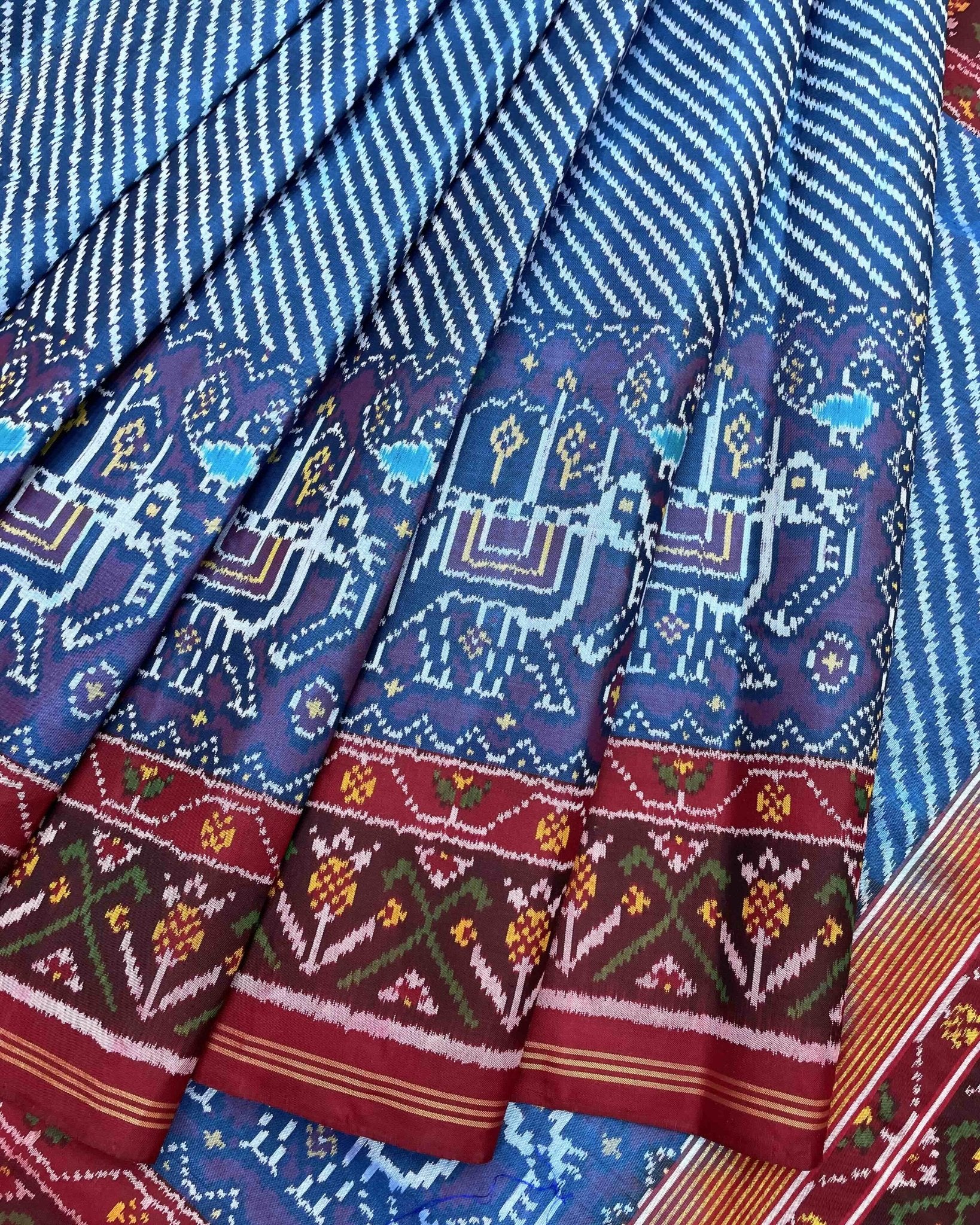 Red & Blue Lining With Elephant Scut Border Patola Saree - SindhoiPatolaArt