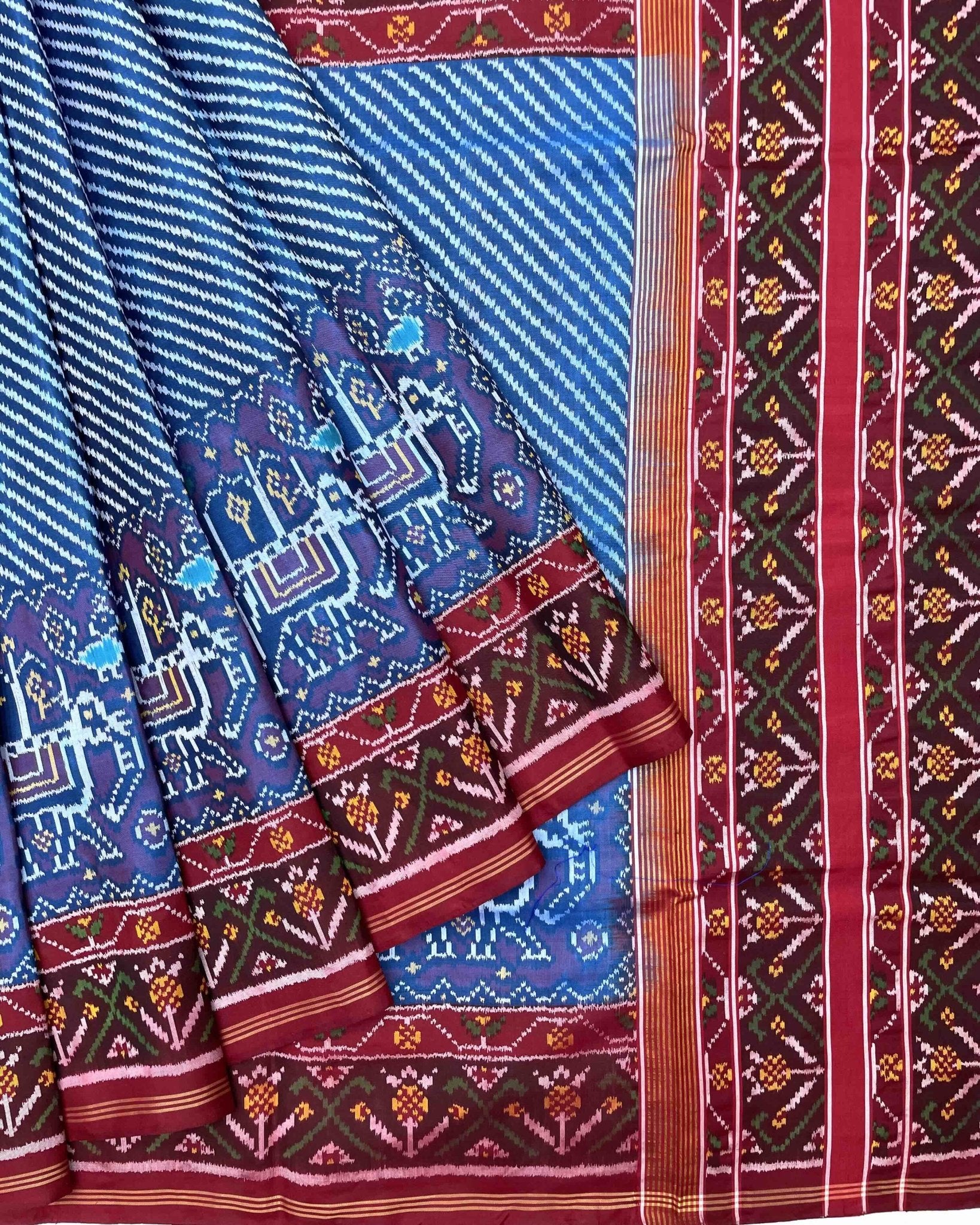 Red & Blue Lining With Elephant Scut Border Patola Saree - SindhoiPatolaArt