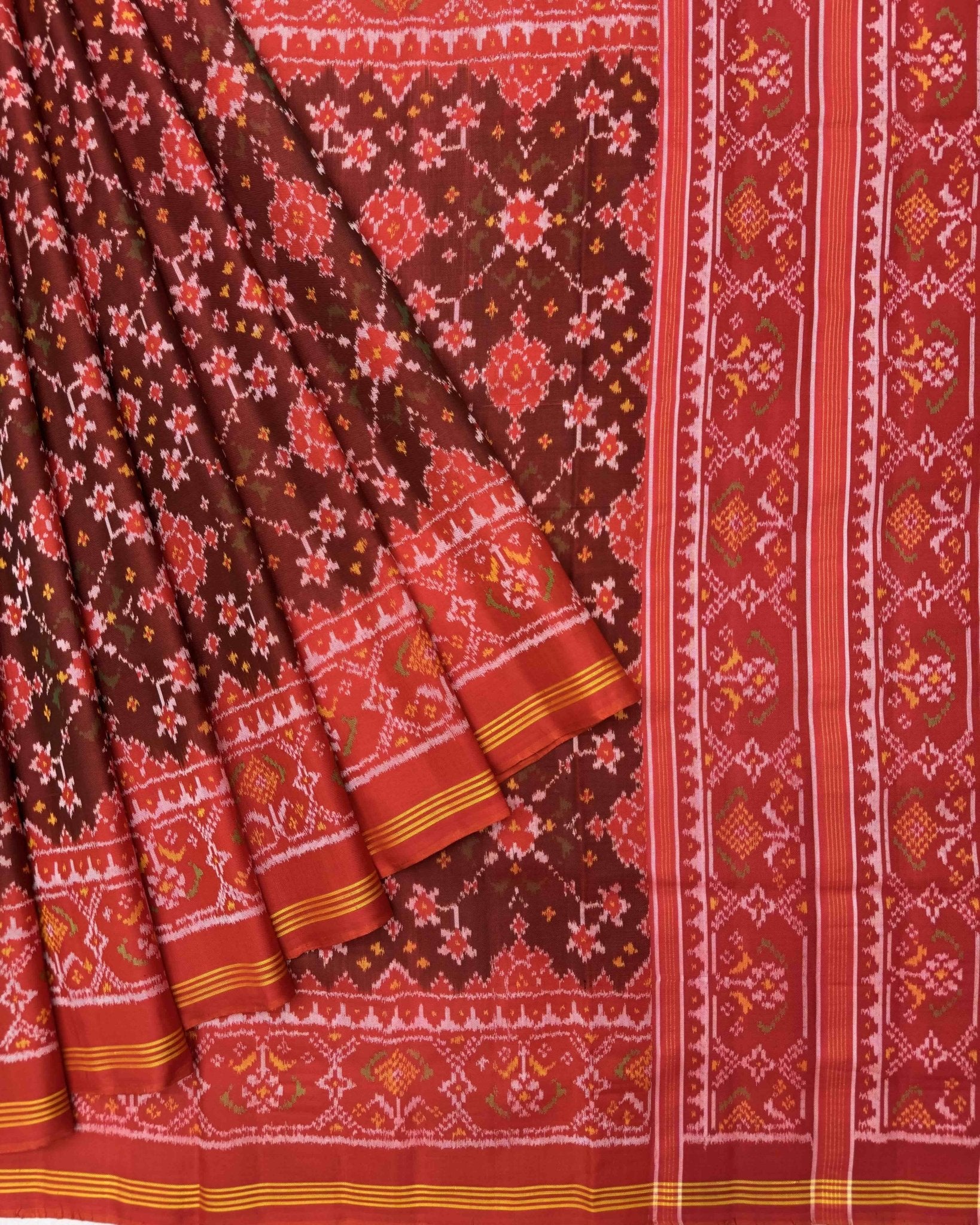 Red & Brown Navratan Semi Double Ikat Patola Saree - SindhoiPatolaArt