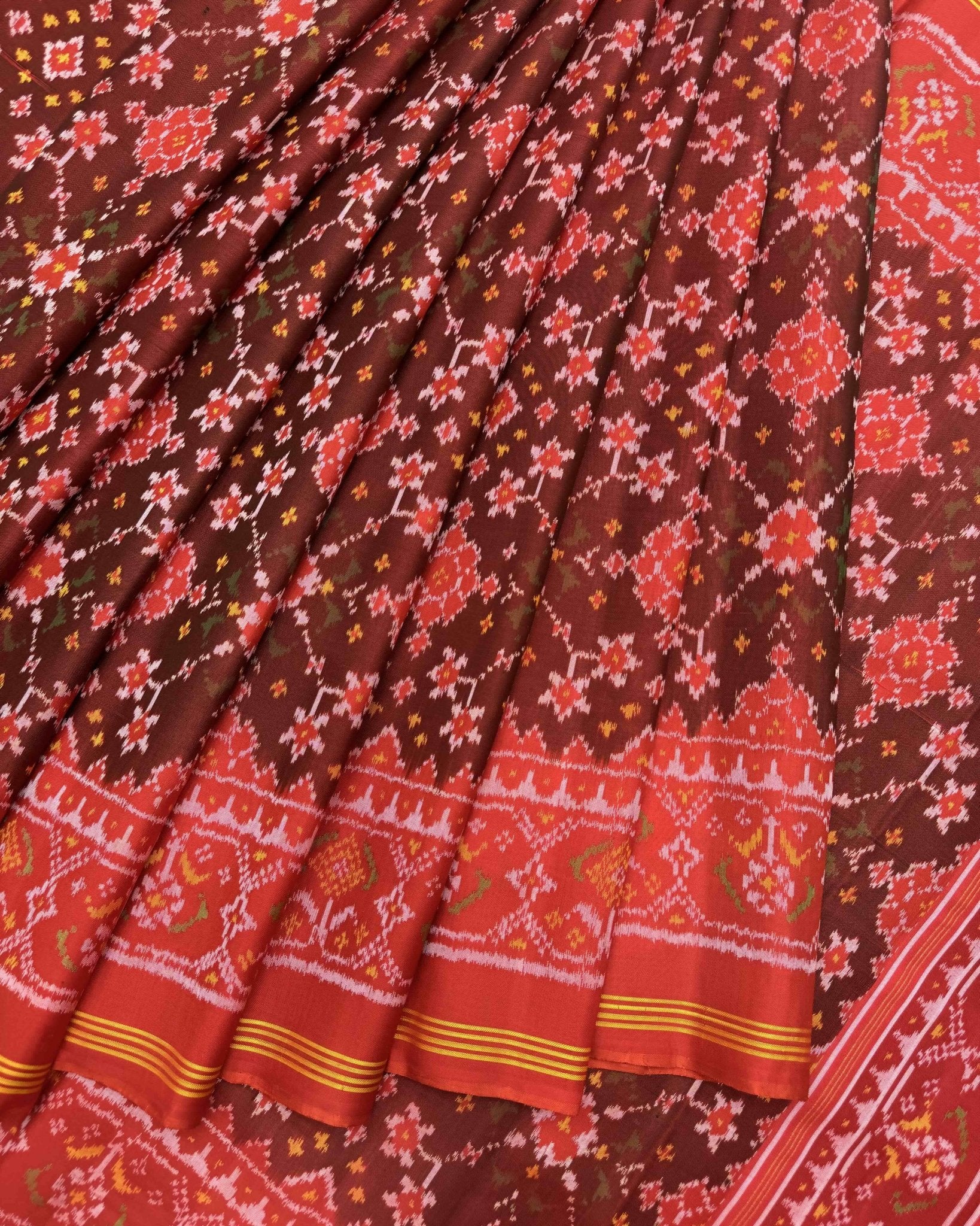 Red & Brown Navratan Semi Double Ikat Patola Saree - SindhoiPatolaArt