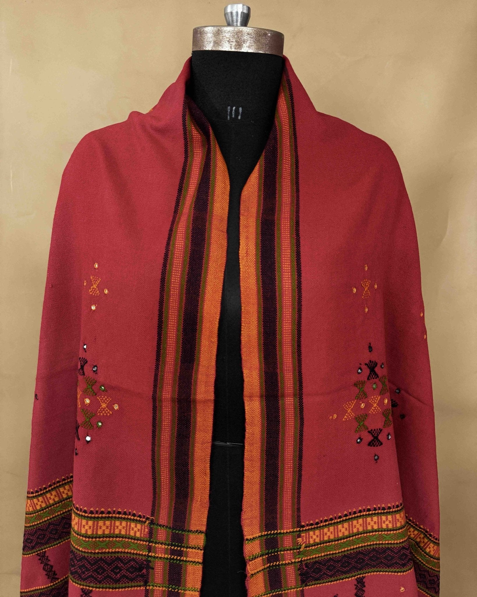 Red Butta Mirror Kutchi Woolen Shawl - SindhoiPatolaArt