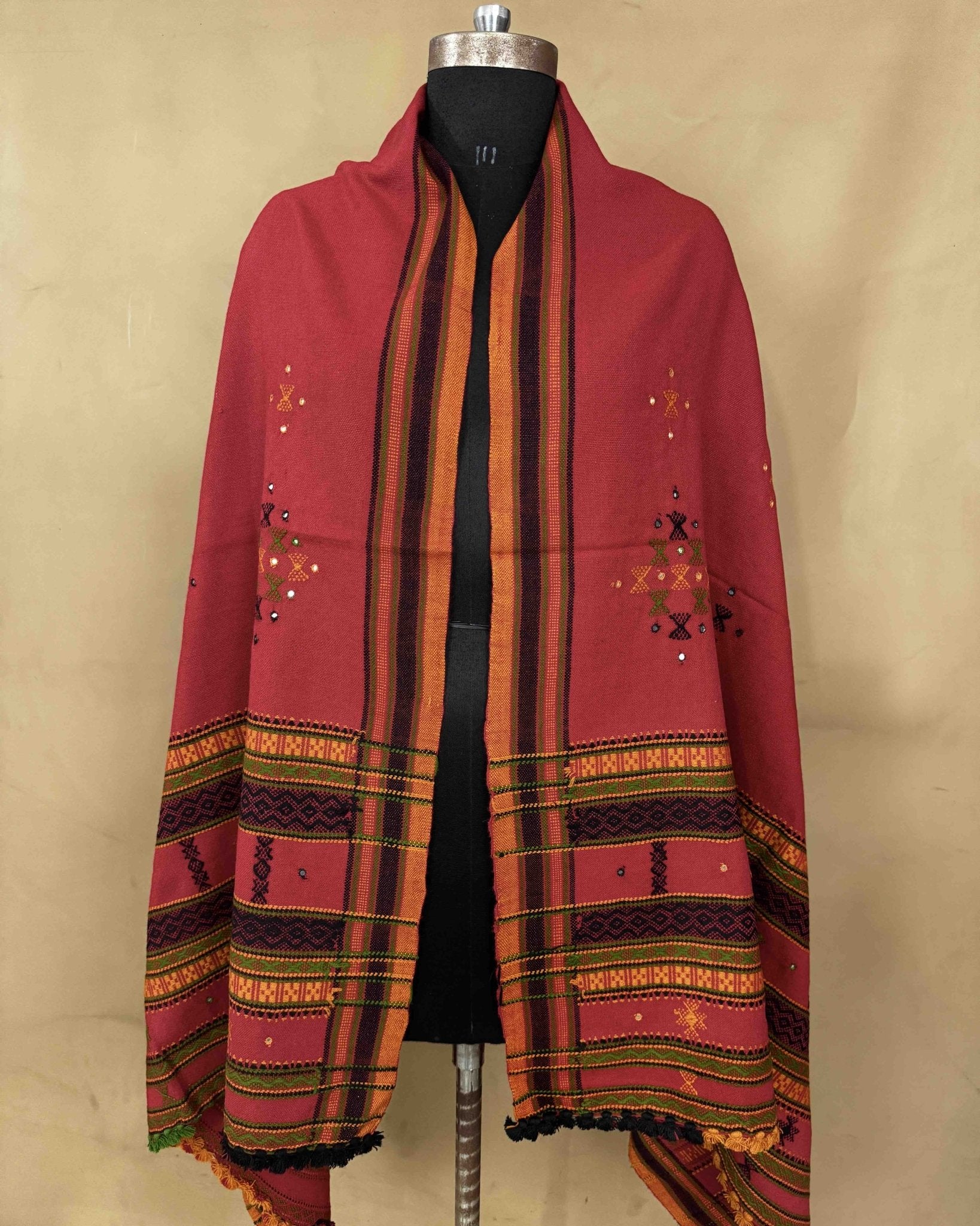 Red Butta Mirror Kutchi Woolen Shawl - SindhoiPatolaArt