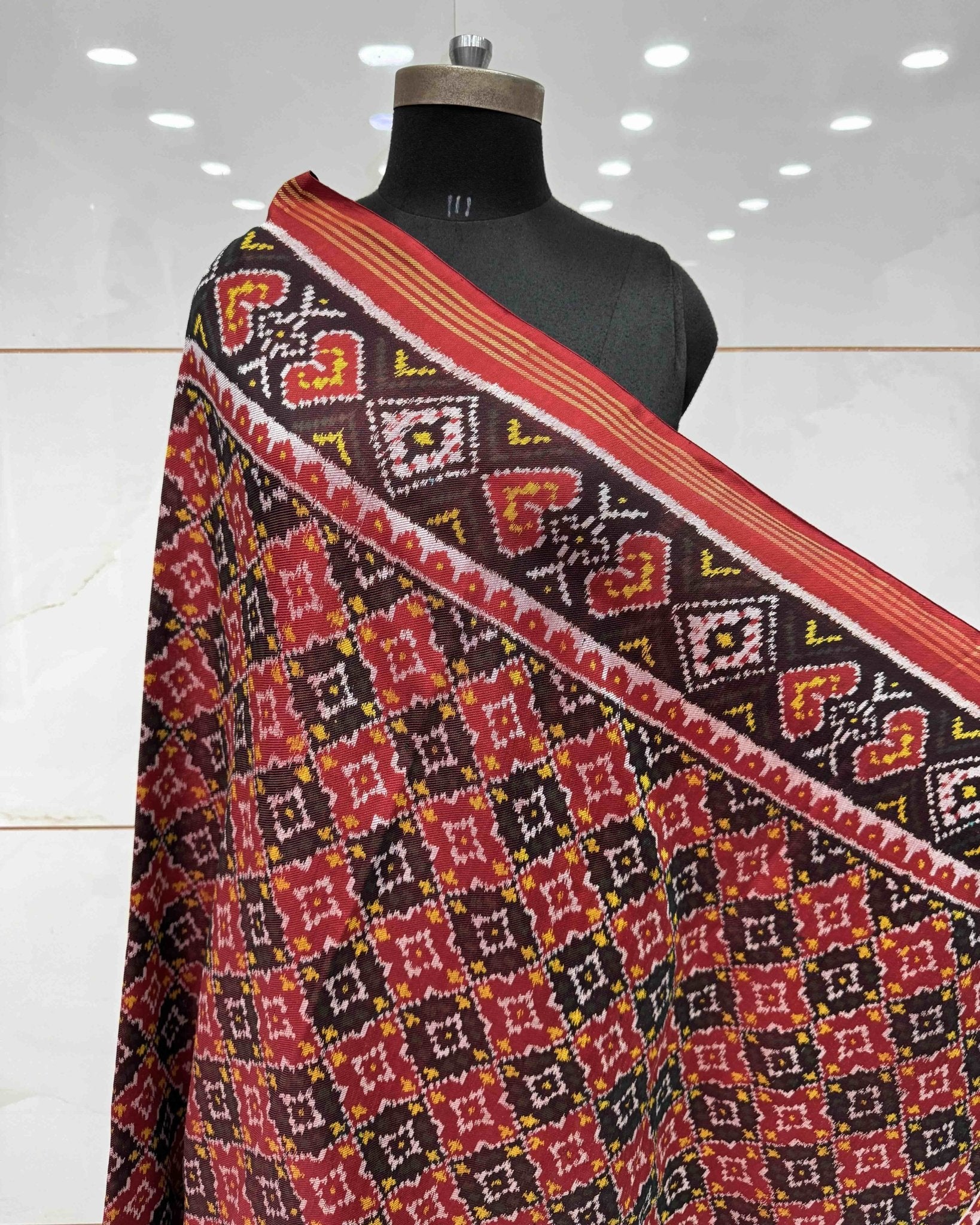 Red Buttonful Twill Patola Dupatta - SindhoiPatolaArt