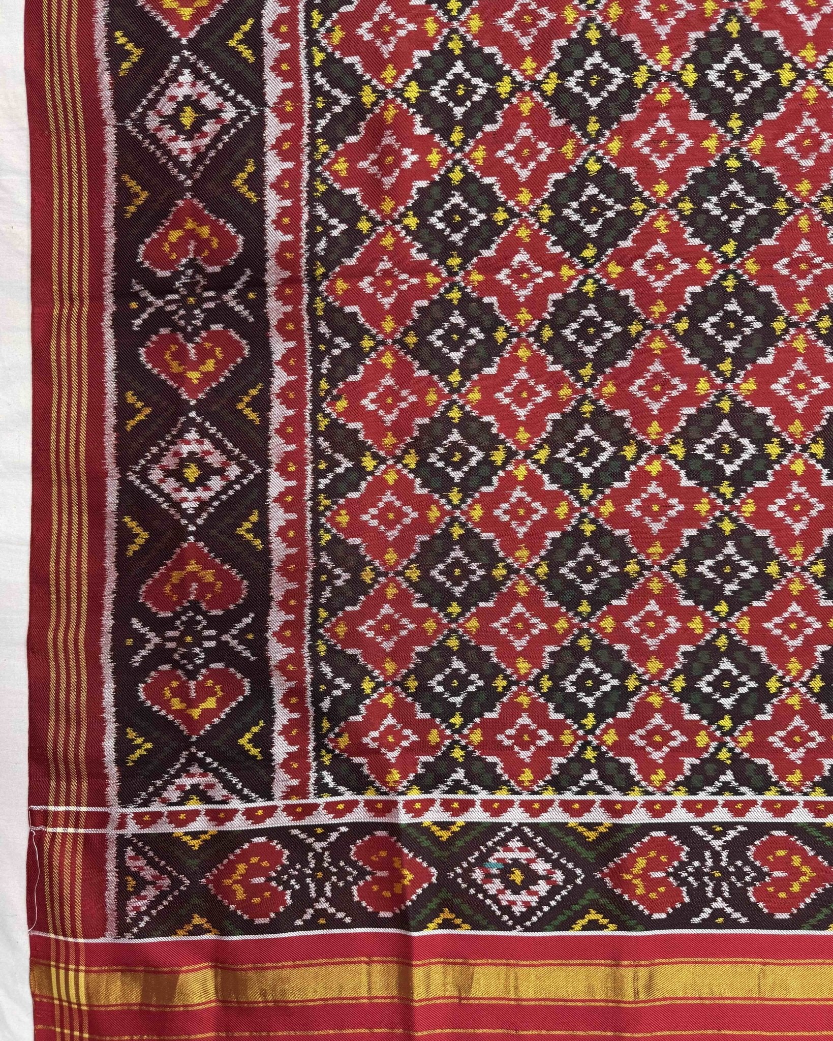 Red Buttonful Twill Patola Dupatta - SindhoiPatolaArt