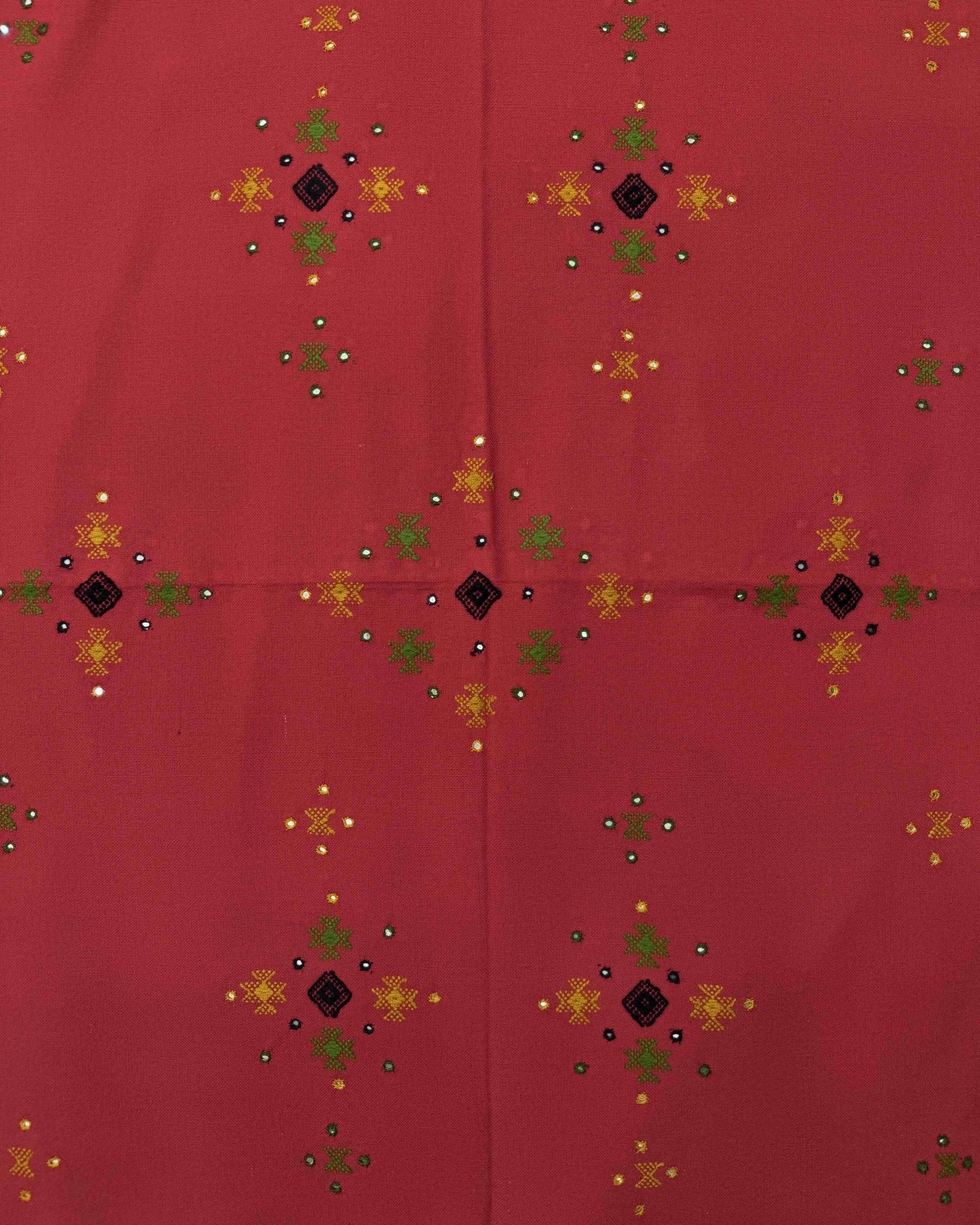 Red Chomukh Mirror Kutchi Woolen Shawl - SindhoiPatolaArt