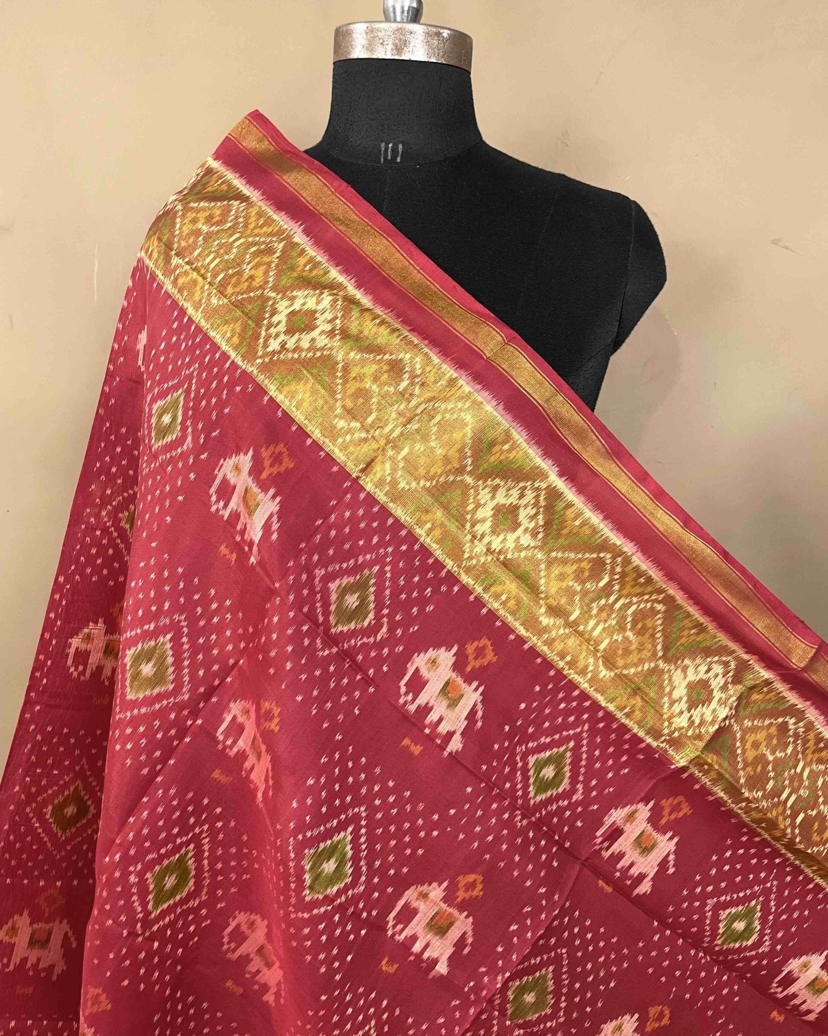 Red Elephant Doted Patola Dupatta - SindhoiPatolaArt