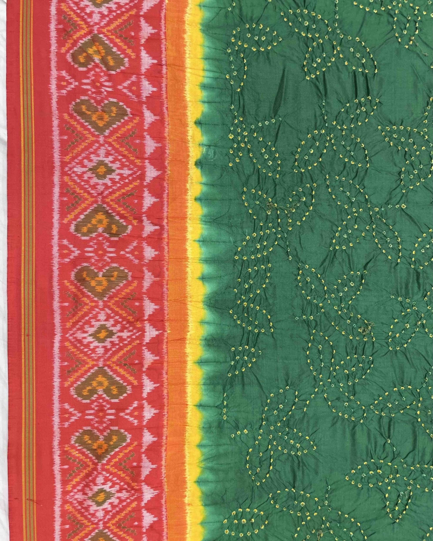 Red & Green Bandhani Patola Saree - SindhoiPatolaArt
