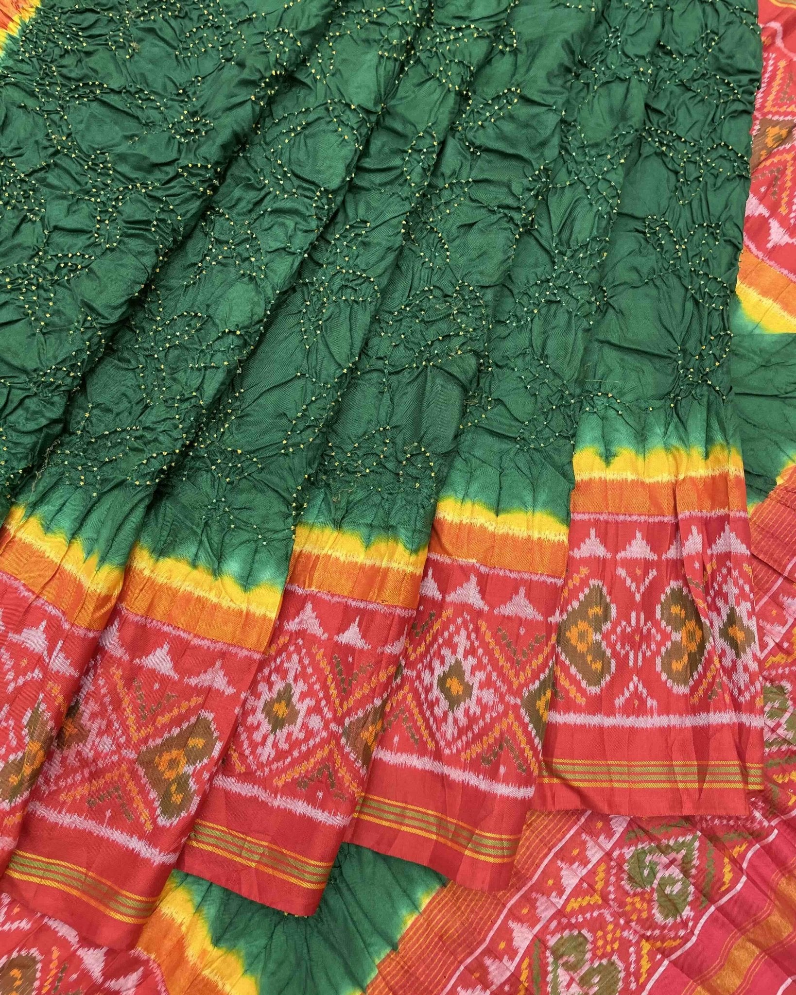 Red & Green Bandhani Patola Saree - SindhoiPatolaArt