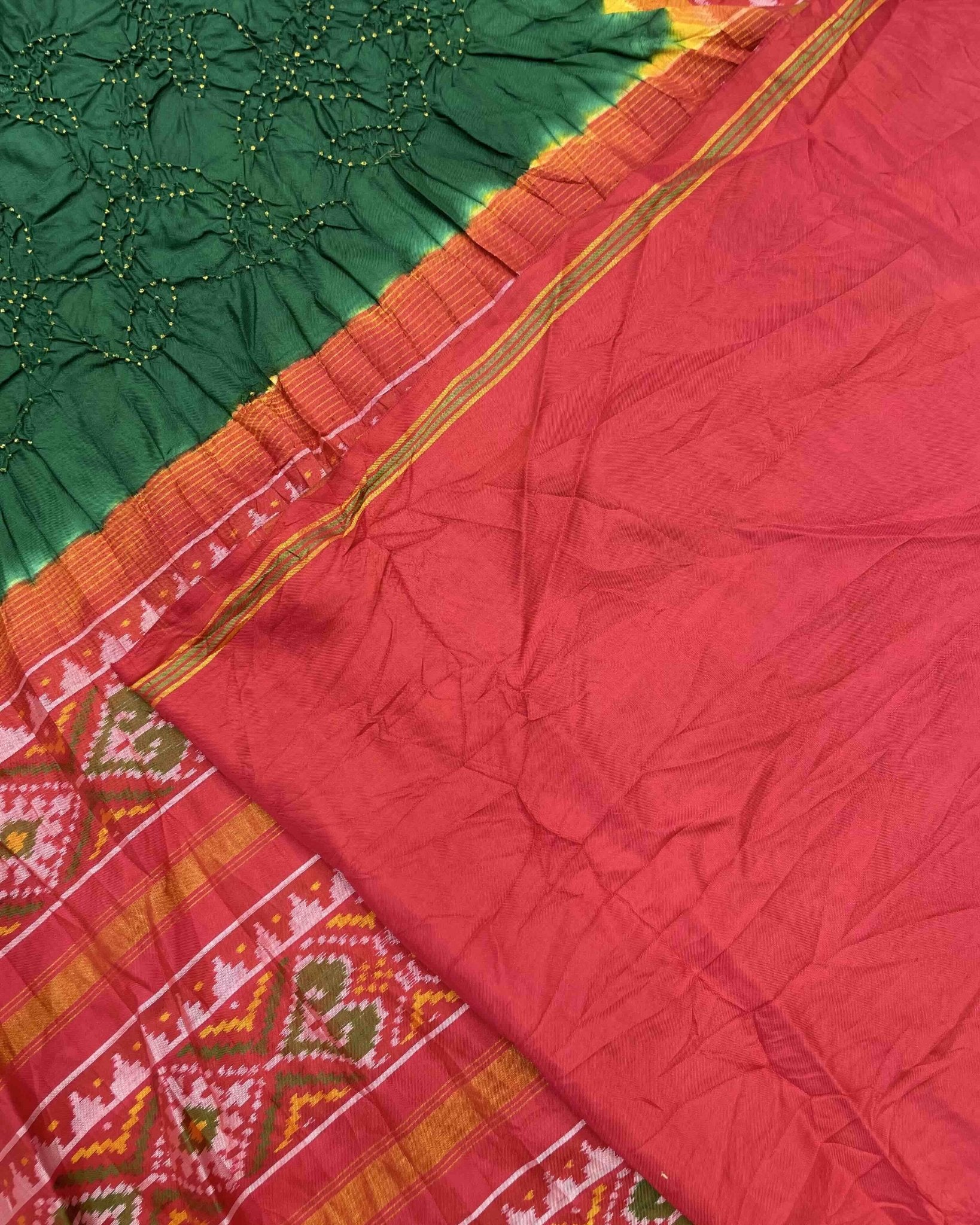 Red & Green Bandhani Patola Saree - SindhoiPatolaArt