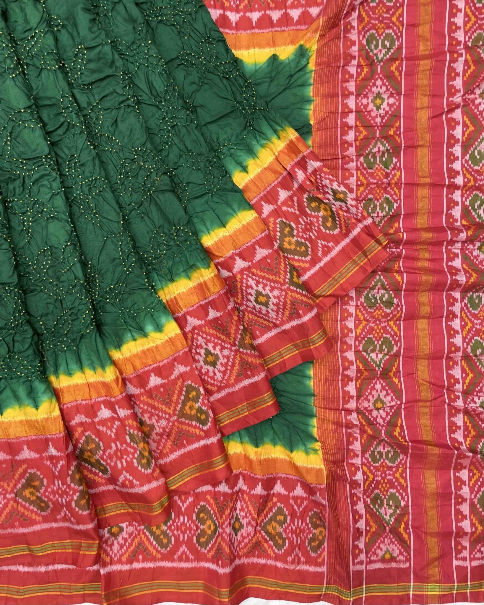 Red & Green Bandhani Patola Saree - SindhoiPatolaArt