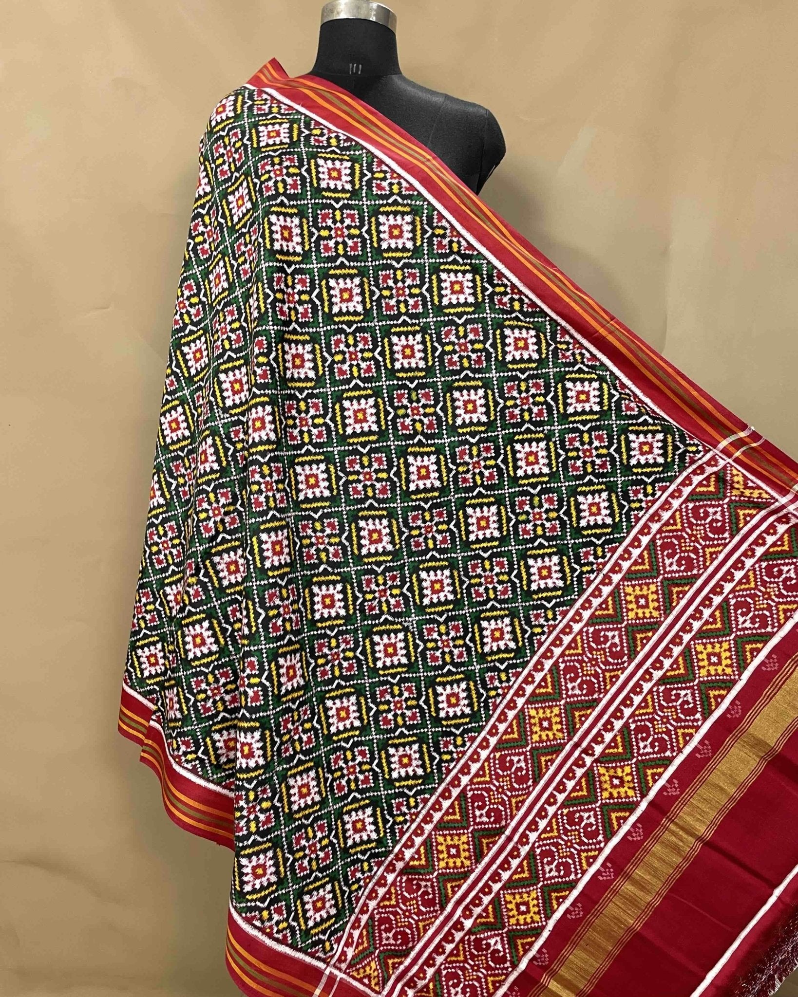 Red & Green Buttonful Designer Patola Dupatta - SindhoiPatolaArt