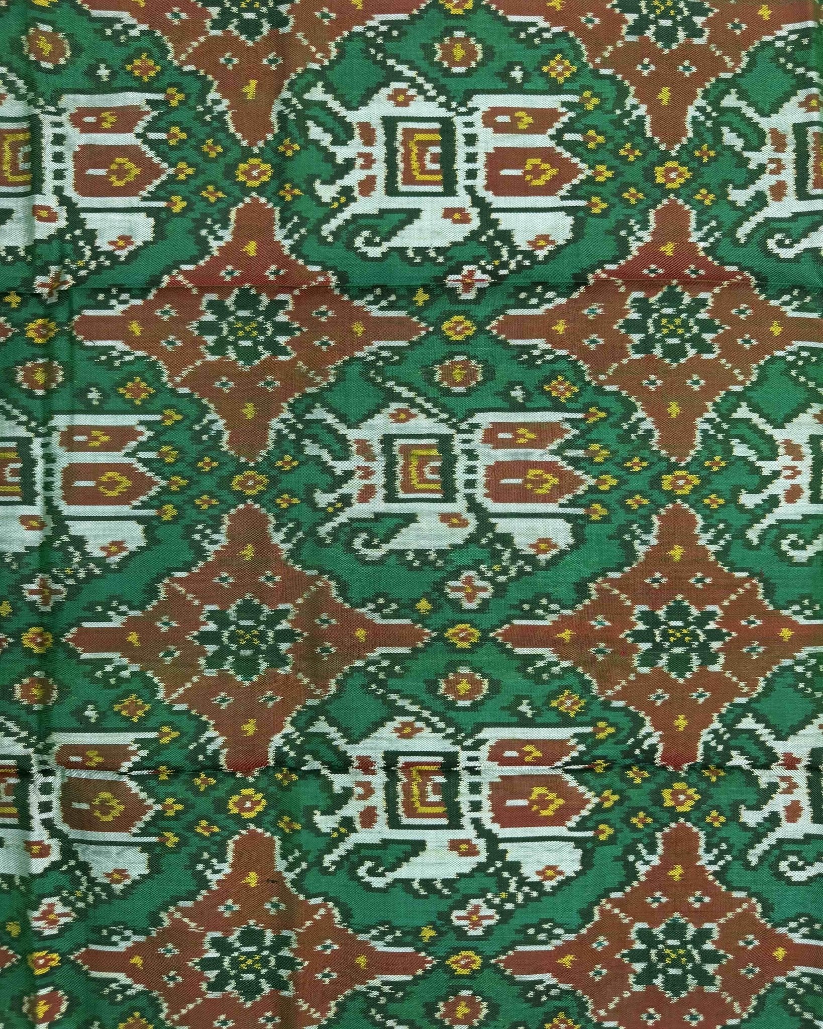 Red & Green Elephant Chhabdi Semi Double Ikat Patola Saree - SindhoiPatolaArt