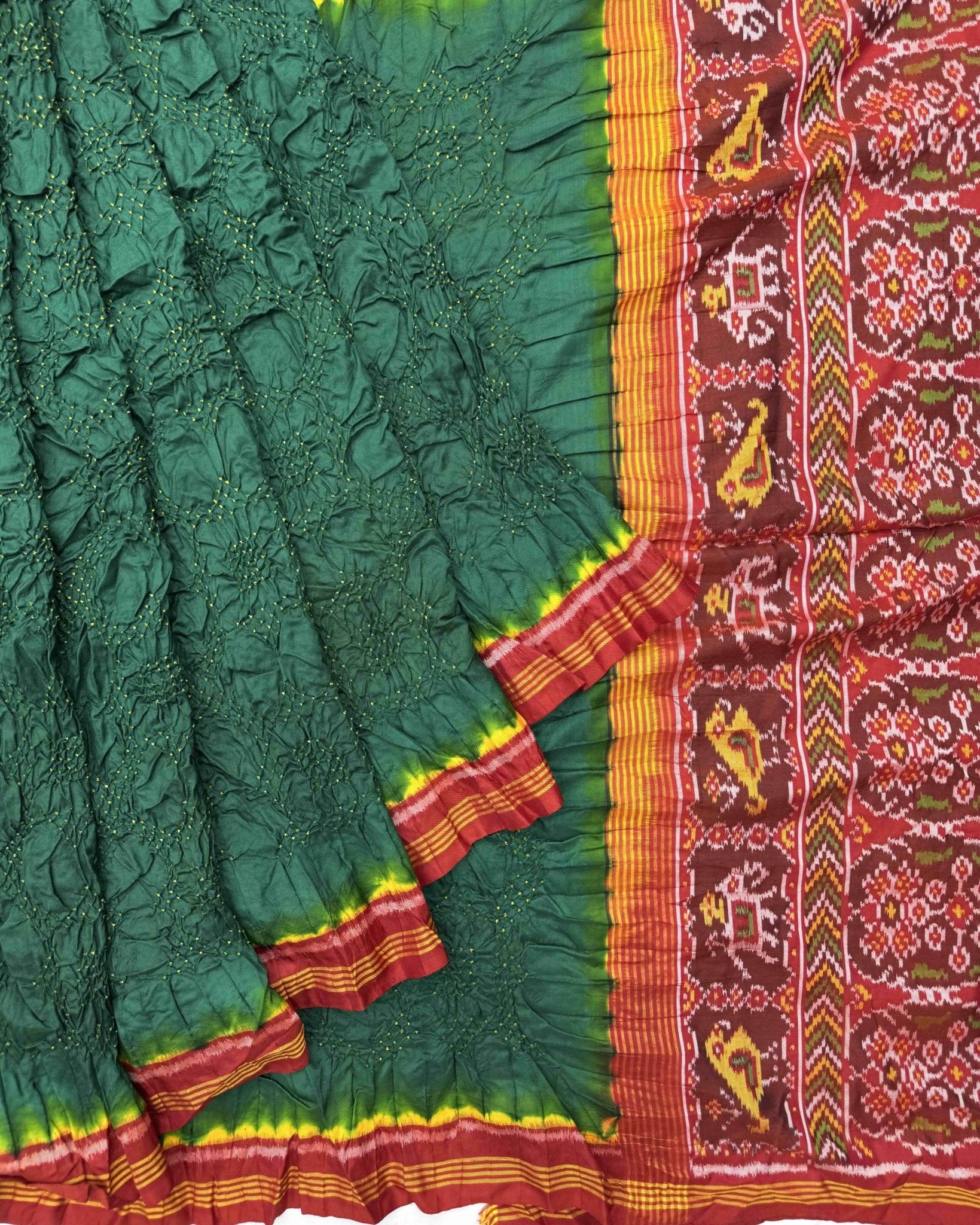 Red & Green Semi Double Ikat Bandhani Patola Saree - SindhoiPatolaArt