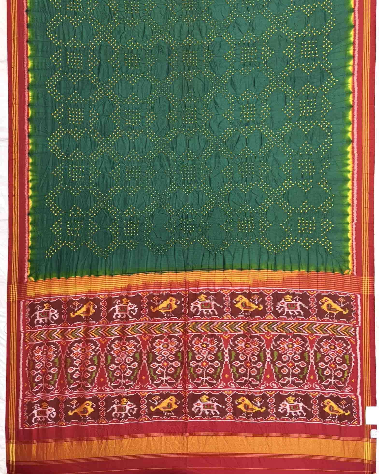 Red & Green Semi Double Ikat Bandhani Patola Saree - SindhoiPatolaArt