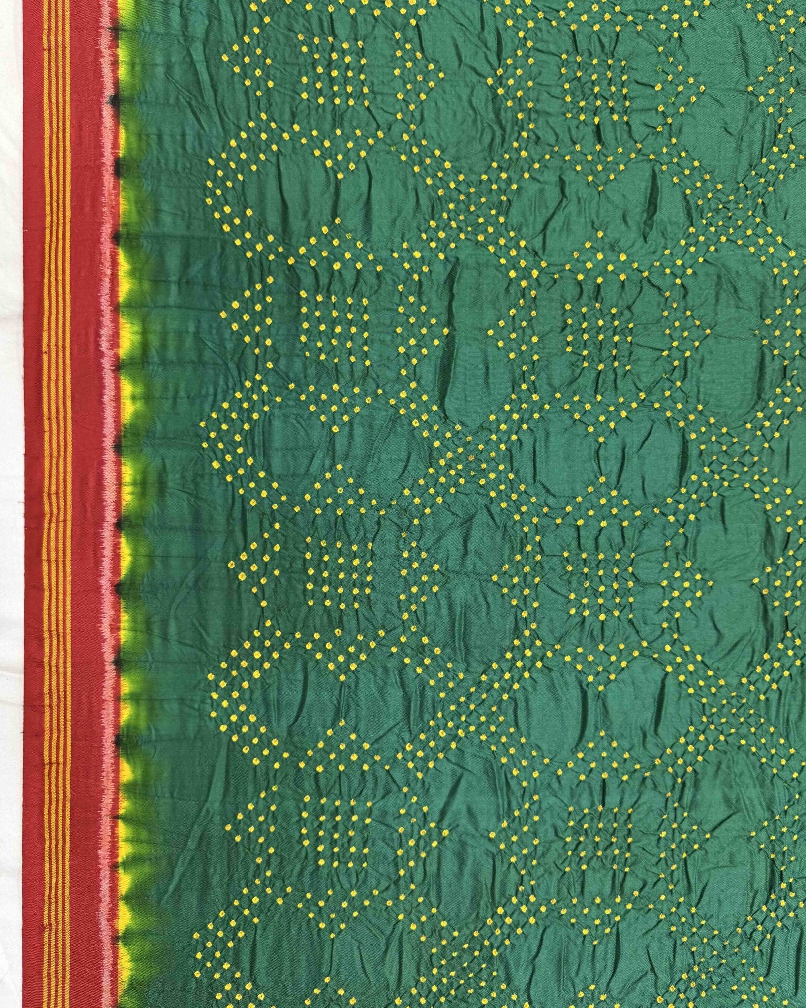 Red & Green Semi Double Ikat Bandhani Patola Saree - SindhoiPatolaArt