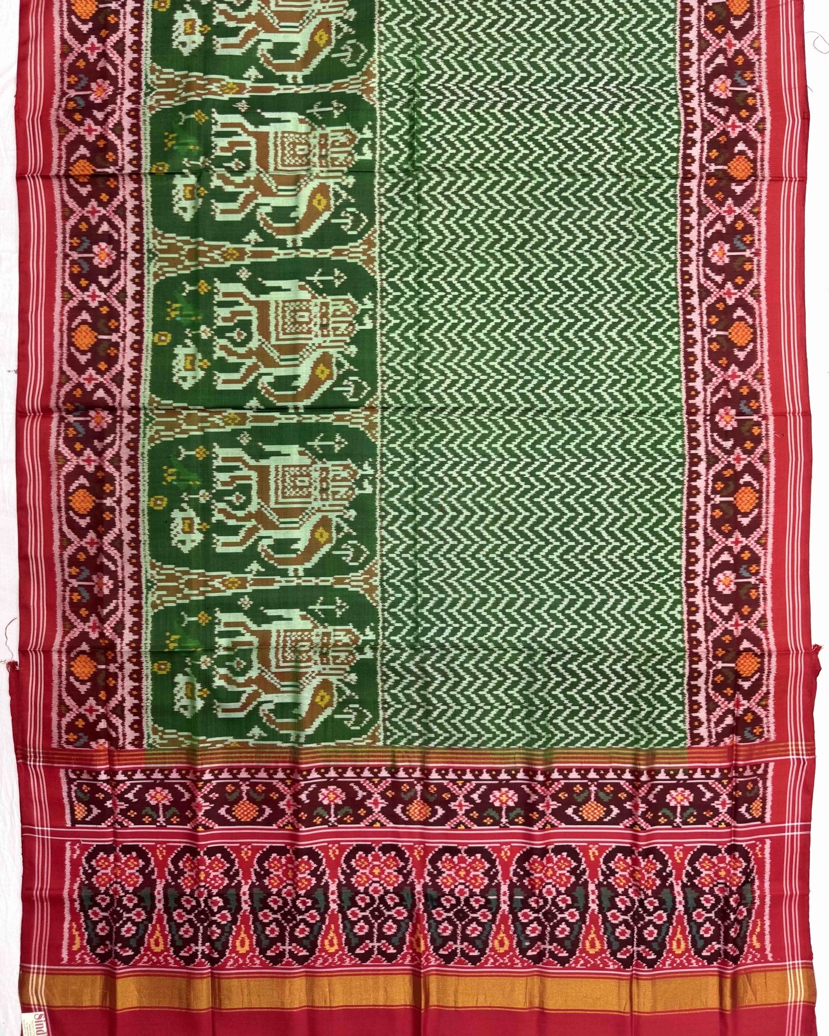 Red & Green Zig Zag Lining with Elephant Scut Border Semi Double Ikat Patola Saree - SindhoiPatolaArt