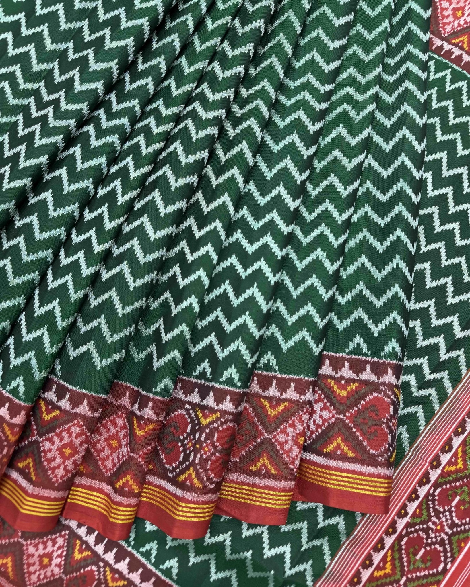 Red & Green Zig Zag Semi Double Ikat Patola Saree - SindhoiPatolaArt