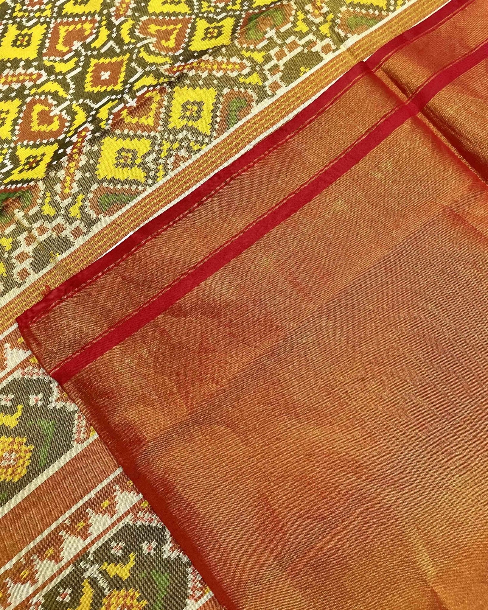 Red & Lemon Yellow Manekchowk Tissue Patola Saree - SindhoiPatolaArt