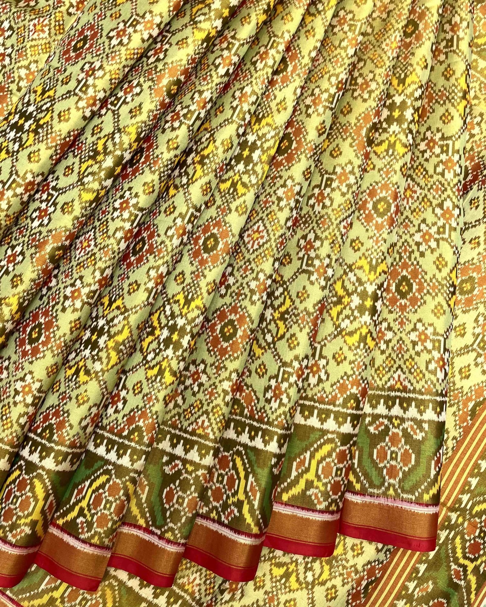 Red & Light Green Navratan Tissue Patola Saree - SindhoiPatolaArt