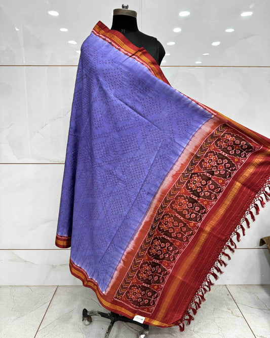 Red & Light Purple Bandhani Patola Dupatta - SindhoiPatolaArt
