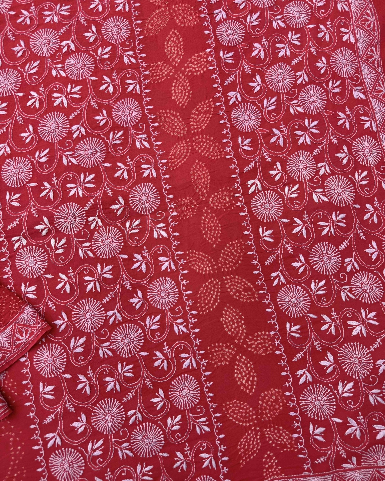 Red Lukhnowi Work Georgette Bandhani Saree - SindhoiPatolaArt