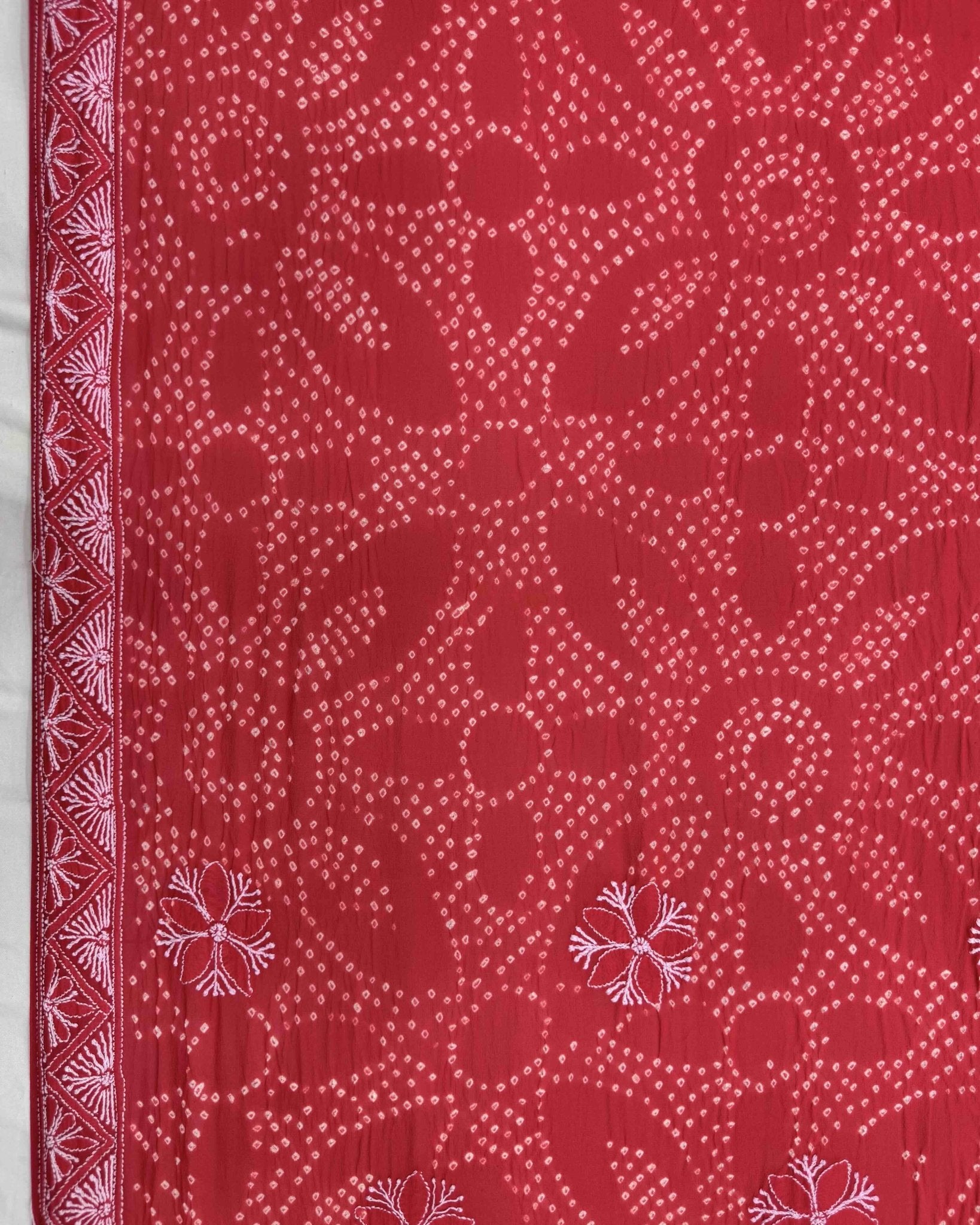 Red Lukhnowi Work Georgette Bandhani Saree - SindhoiPatolaArt