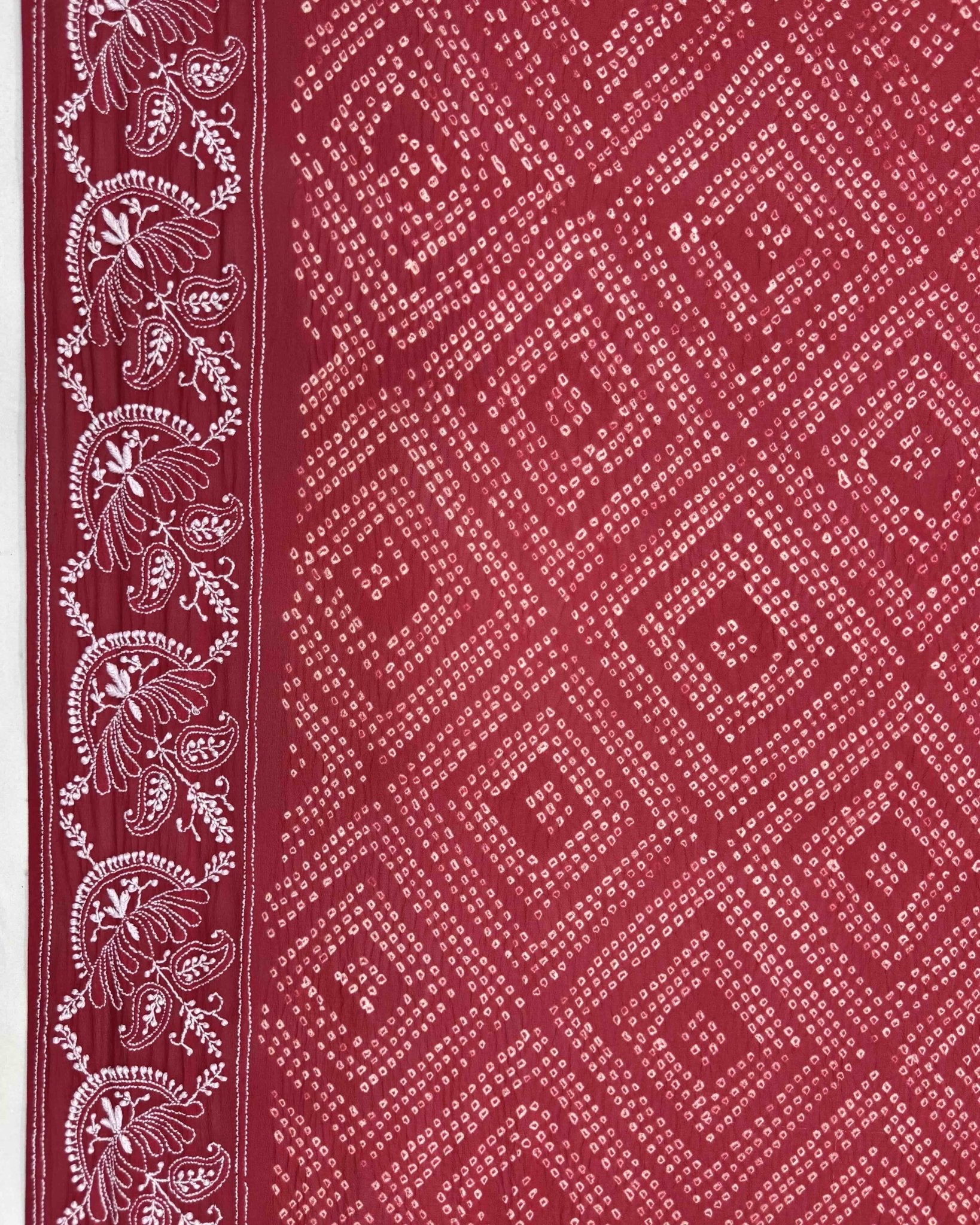Red Lukhnowi Work Georgette Bandhani Saree - SindhoiPatolaArt