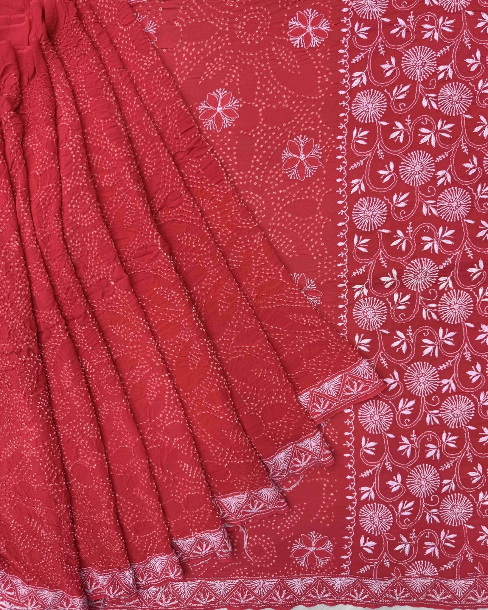 Red Lukhnowi Work Georgette Bandhani Saree - SindhoiPatolaArt